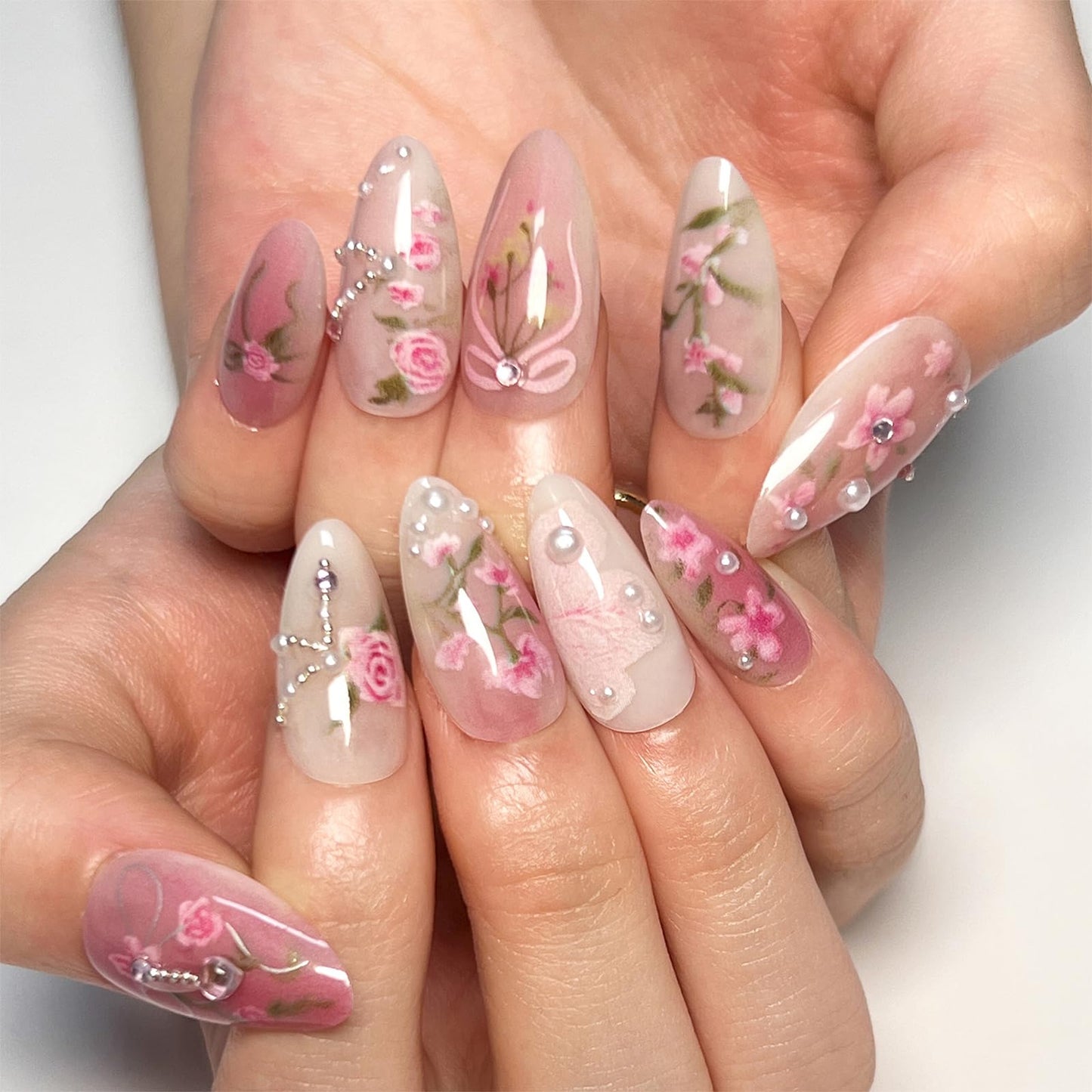 Peach Blossom Press on Nails Short Medium Almond Fake Nails with 3D Pearl Diamond Designs Pink Flower Full Cover Stick on Nails Pink White Gradient Glossy Acrylic False Nails for Women 24Pcs