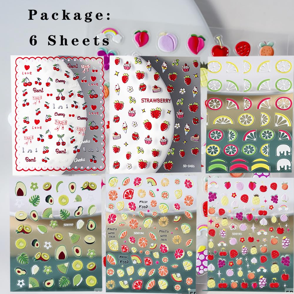 6 Sheets Fruits Nail Stickers for Nail Art Summer, 3D Self-Adhesive Nail Decals with Strawberry Cherry Pattern, Nail Supplies Nail Art Design Accessories for Women and Girls Manicure DIY Decoration