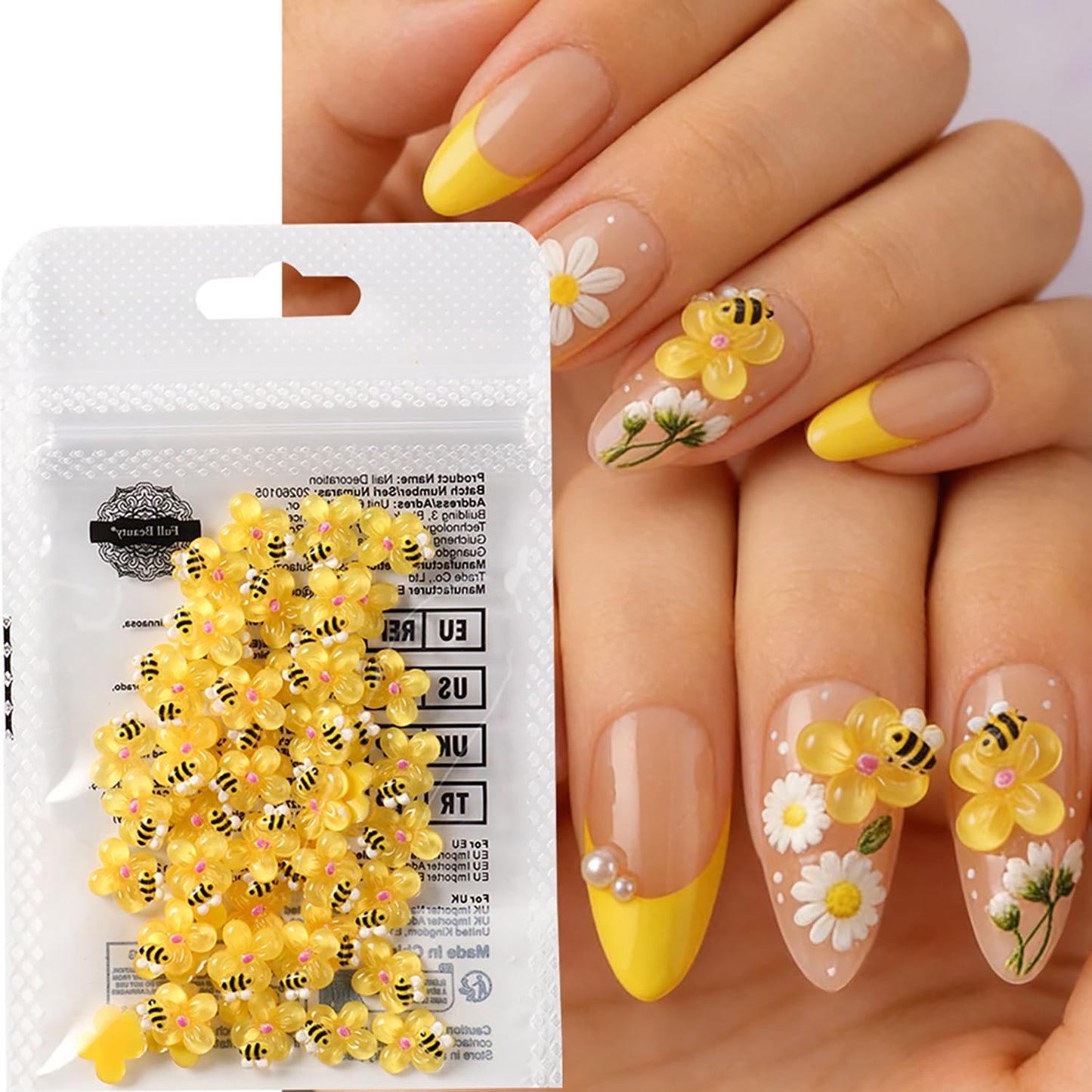 Flowers Bees Nails Art Decoration Spring Summer Acrylic Nails Supplies Holographic Relief Cute Cartoon Bee Flower Nail Ornaments Acrylic Jewelry Studs Nail Art Flakes for Women Manicure Decor