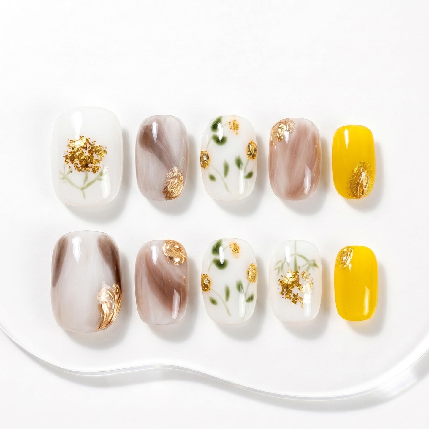 Sun&Beam Nails Handmade Press On Nail Short Round Hand-painted Golden Flowers Acrylic Fake Tip Design Art Charms Cute with Storage Box 10 Pcs (#005 S)
