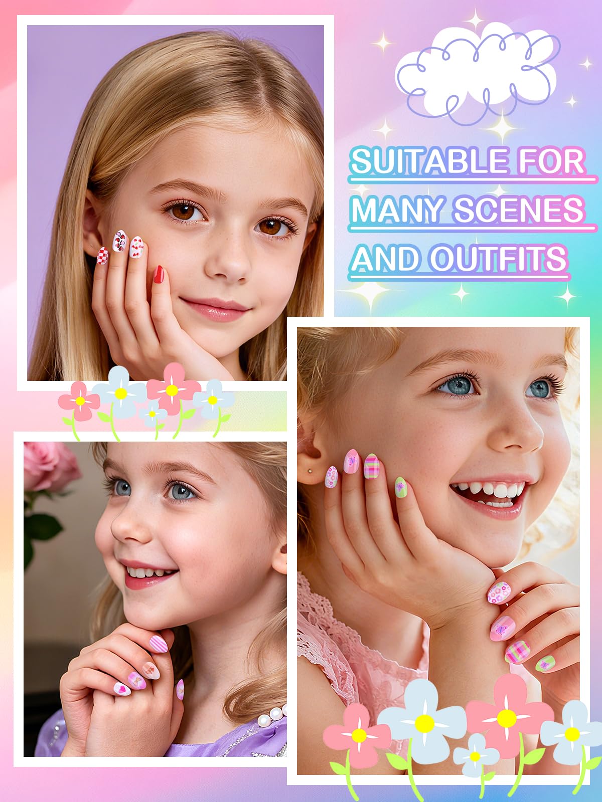 EBANKU 72Pcs Press on Nail Kids, 3 Pack Children Fake Nail Kit Full Cover Short False Fingernails with Nail Glue Nail Tools for Girl Nail Decoration