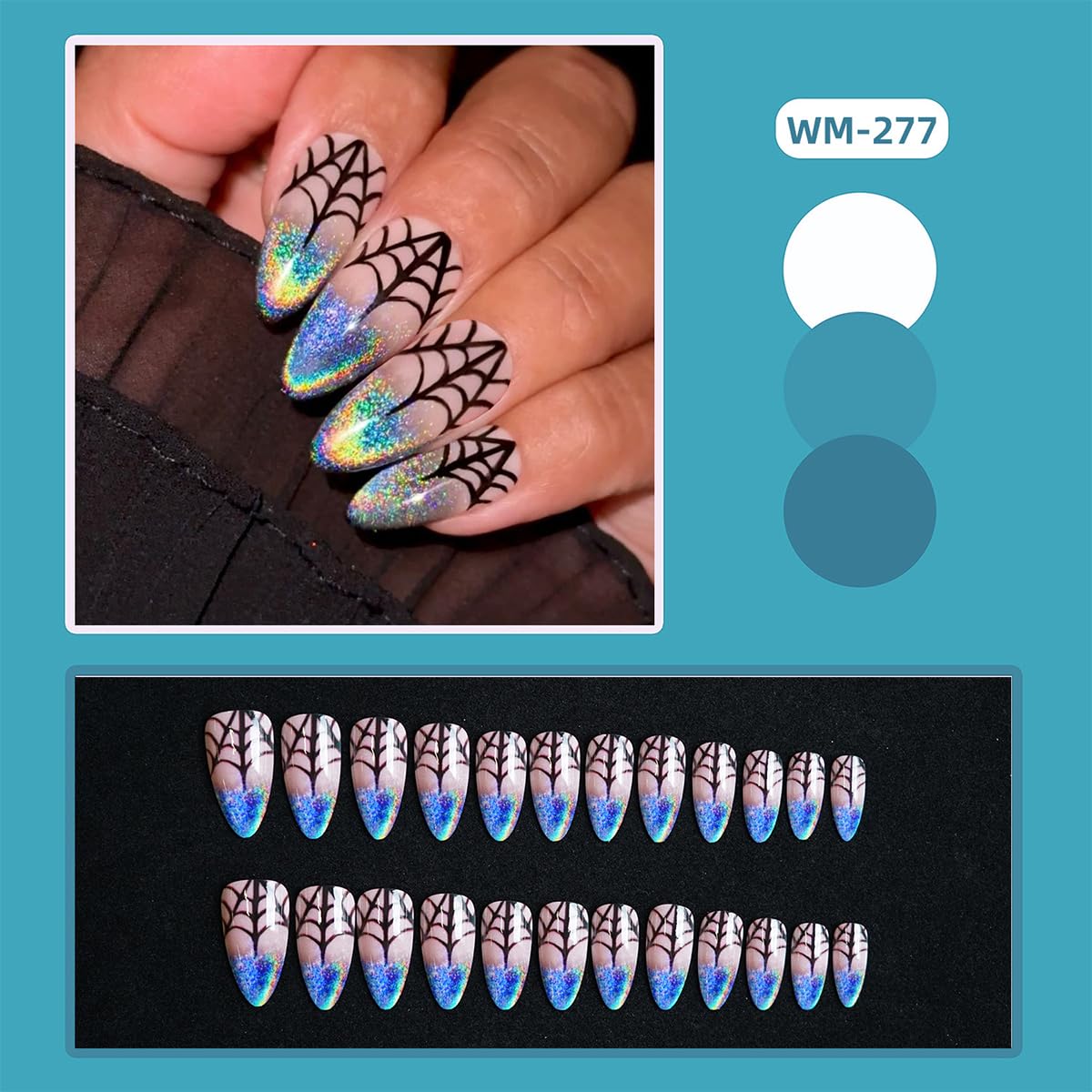 Halloween Press on Nails Medium Almond NEWSPIED Blue Laser Glitter French Tip Fake Nails with Spider Web Designs Reusable Halloween Glue on Nails Glossy Artificial Nails Sets for Women and Gilrs 24Pcs