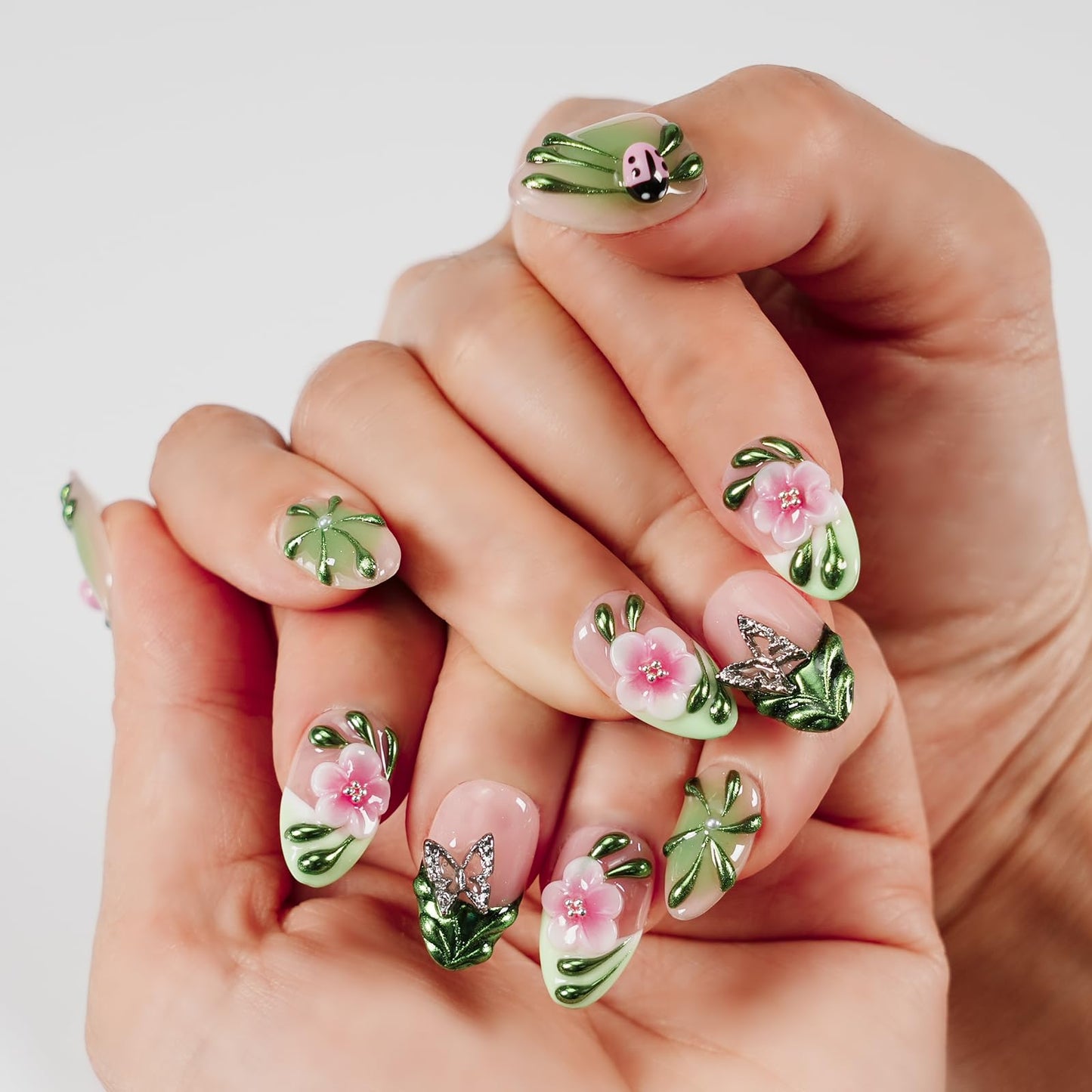 Tesytto Spring Press On Nails Short Almond Handmade 3D Flower Metallic Butterflies Fake Nails, Green Chrome Ladybug Design French False Nails for Party Daily Wear (Spring Green Pastel Garden,S)
