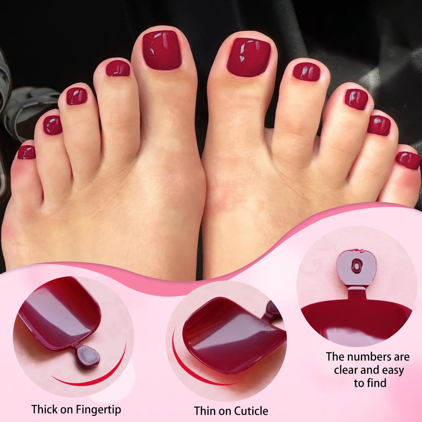 LoveOurHome 120pc Burgundy Press on Toenails Women Fake Toe Nails with Tabs, Wine Red Fake Toenails Press on Toe Nails Glue on Toenail Acrylic Toes Nail Tips Artificial False Toenail for Women