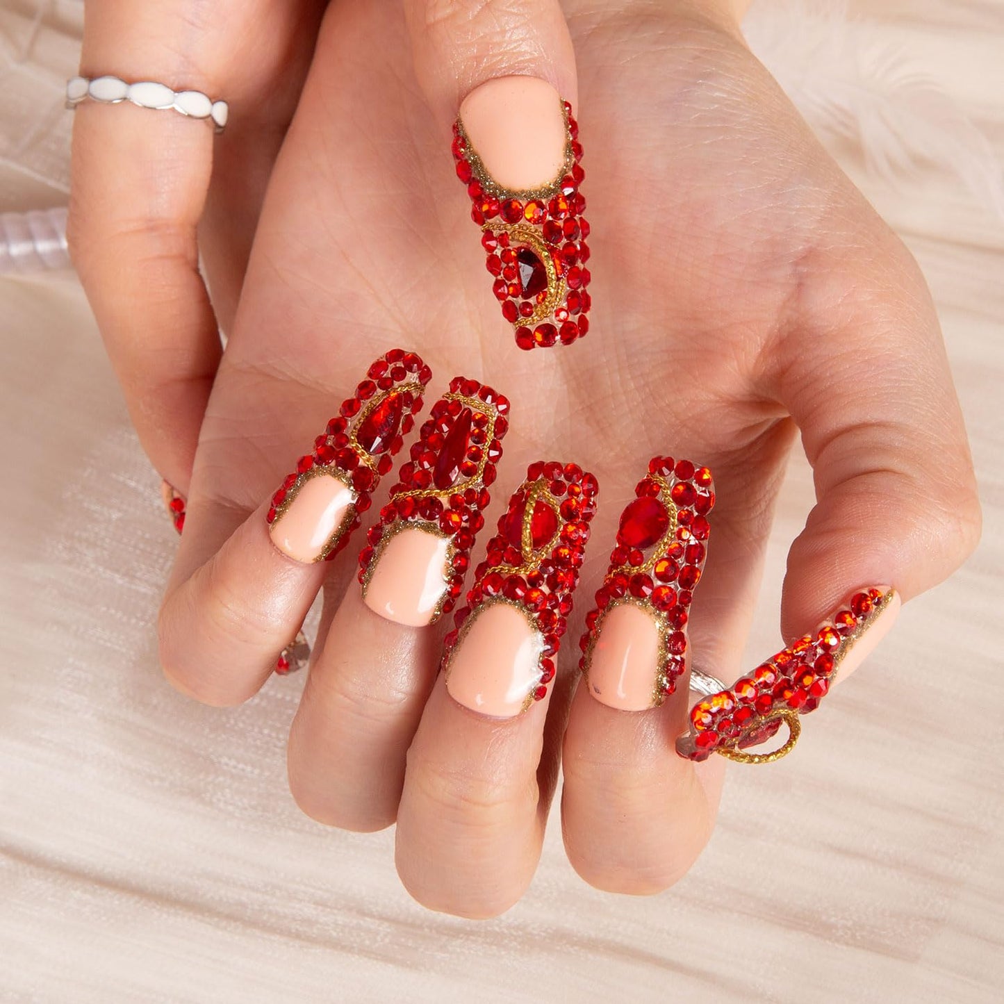 LOVFUL Press on Nails Flamingo | Handmade with Full Covered Crystals | Reusable Full Cover Nails | Coffin Classic Regular 1.3 in | H37-L