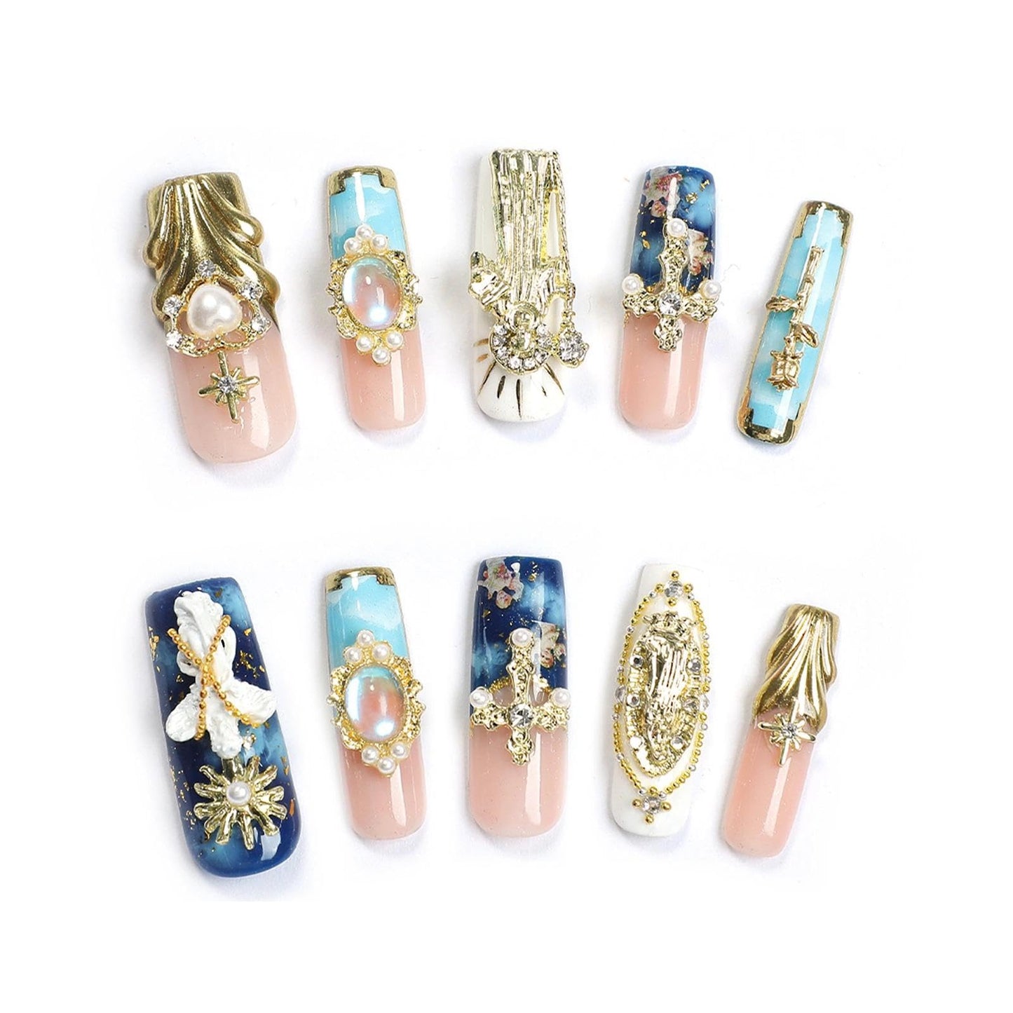 Handmade 3D Blue-Pink-Gold Royal Embossed Pearl Square Press On Nails, Luxury Retro Noble Style Artisan Nails Set, Reusable Glossy Press-ons with Tool Kit(S)