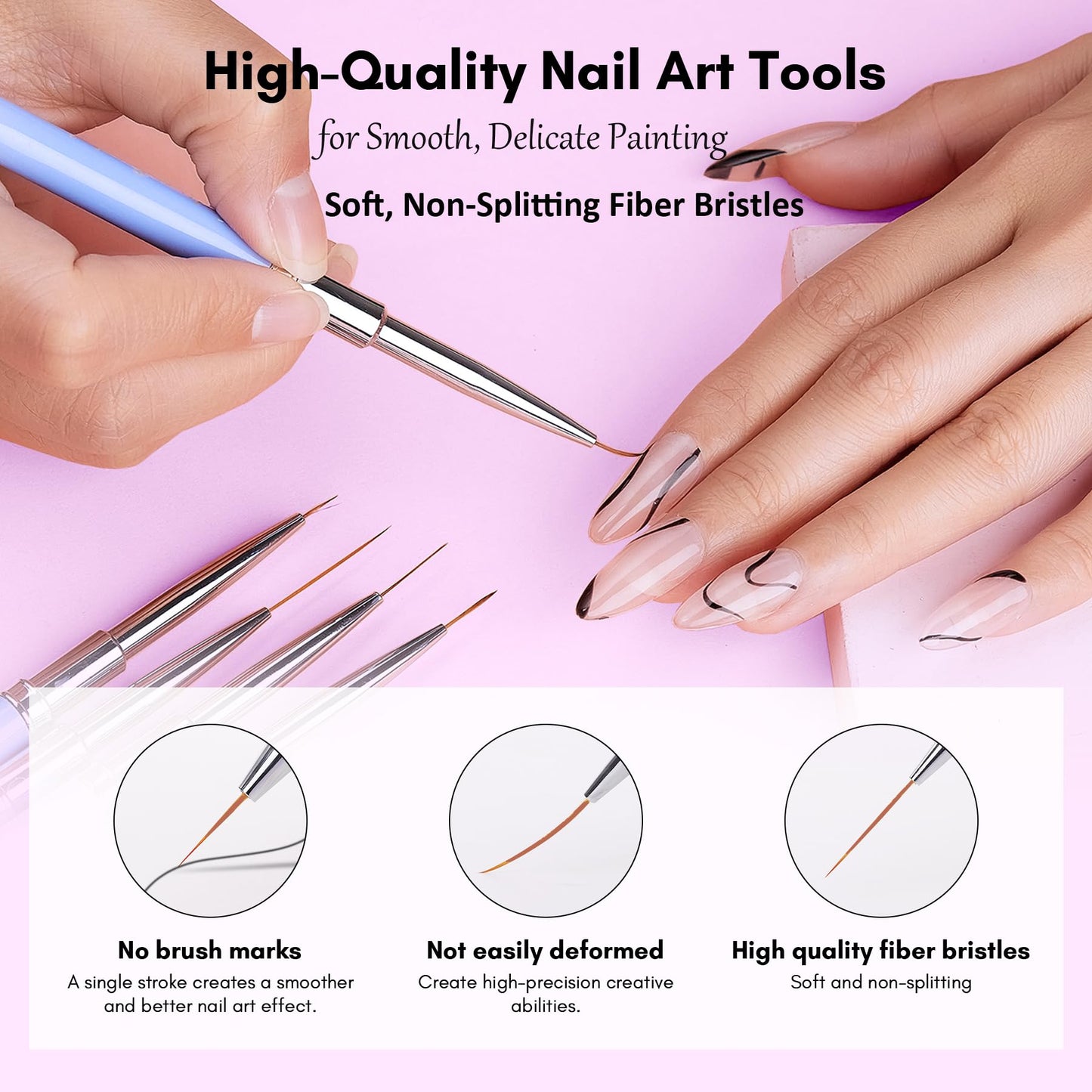 Makartt Nail Art Brushes Set: 5pcs Liner Brushes 7/9/11/15/25mm Thin Nail Art Design Brush with Cap Nail Polish Brush for Builder Gel 3D Nail Gel French Tip Tool Nail Painting