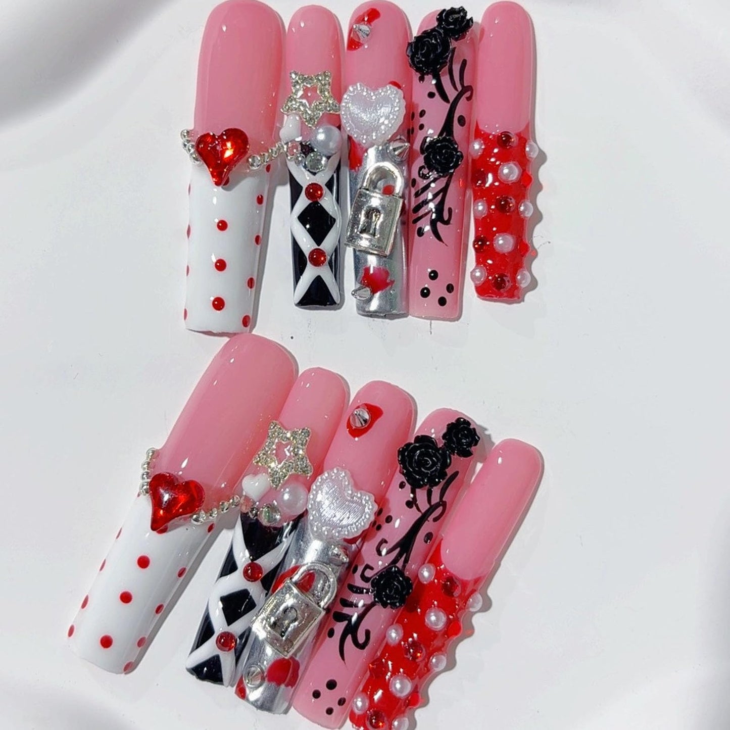 10 Pcs Extra Long Handmade Press on Nails Square Fake Nails with 3D Flowers Lock Love Charms Design Pink Acrylic False Nails White French Tip Press Ons Nails Long for Women Wedding Party - M Size
