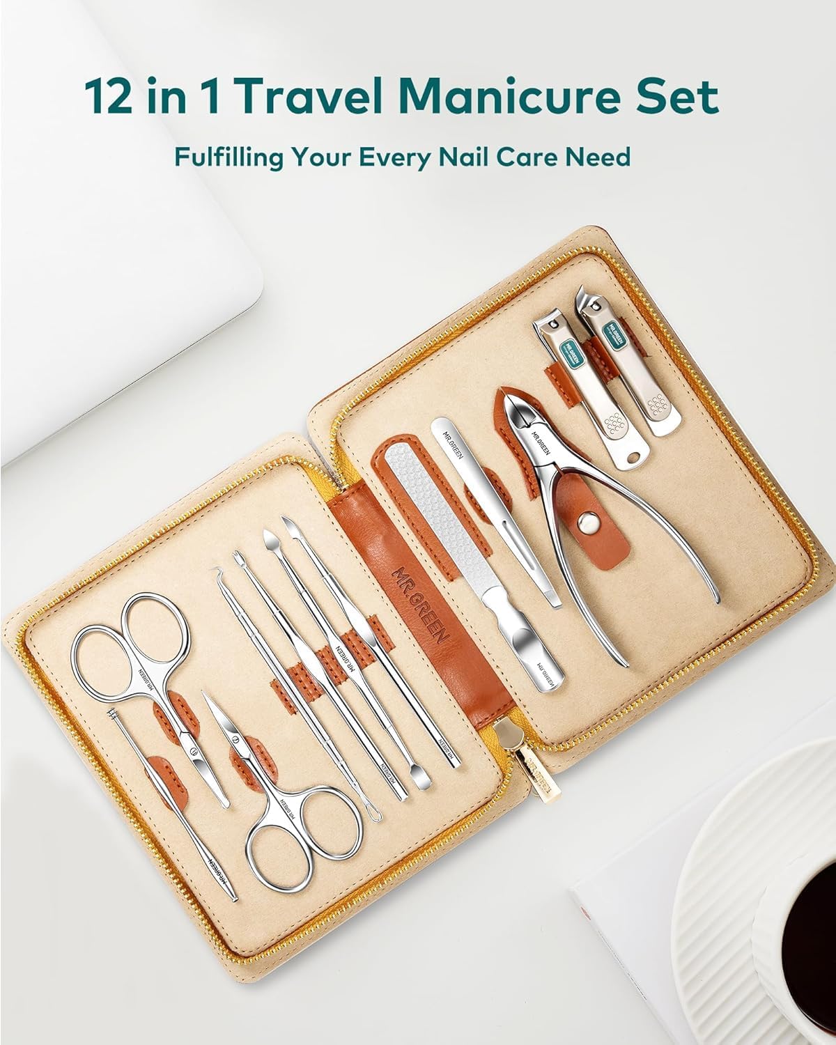 MR.GREEN 12-in-1 Manicure Set – Professional Nail Clipper Set, German Stainless Steel Manicure Tools for Fingernails & Toenails, Travel Nail Care Kit for Men & Women with Leather Case (Caramel Brown)