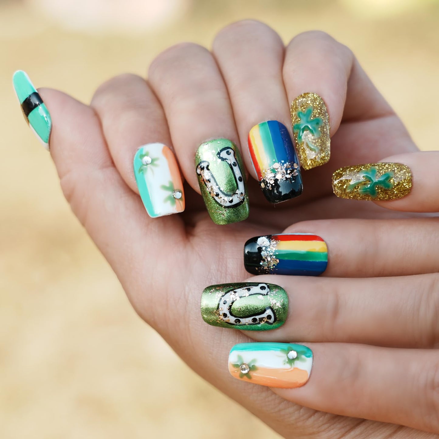 Tesytto Medium Square Press on Nails - Irish Flag Green White Orange Nails with Lucky Shamrock & Belt Design, Rainbow & 3D Gold Glitter Spring Summer Fake Nails (Size L)