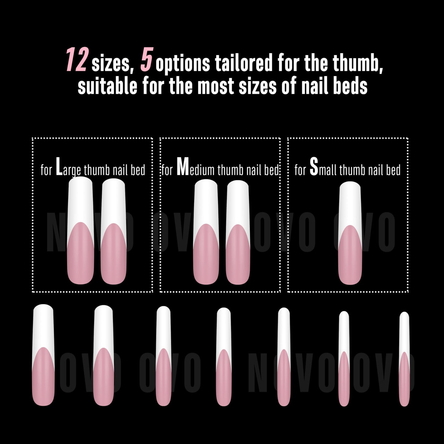 NOVO OVO XXL Curved Square White French Tip False Nail Tips Press on, BERRY PINK Full Cover Extra Thick Long XL Acrylic Hawk Curve Fake Extension Kit, Need Top Coat for Salon DIY 12 Sizes 144 pcs