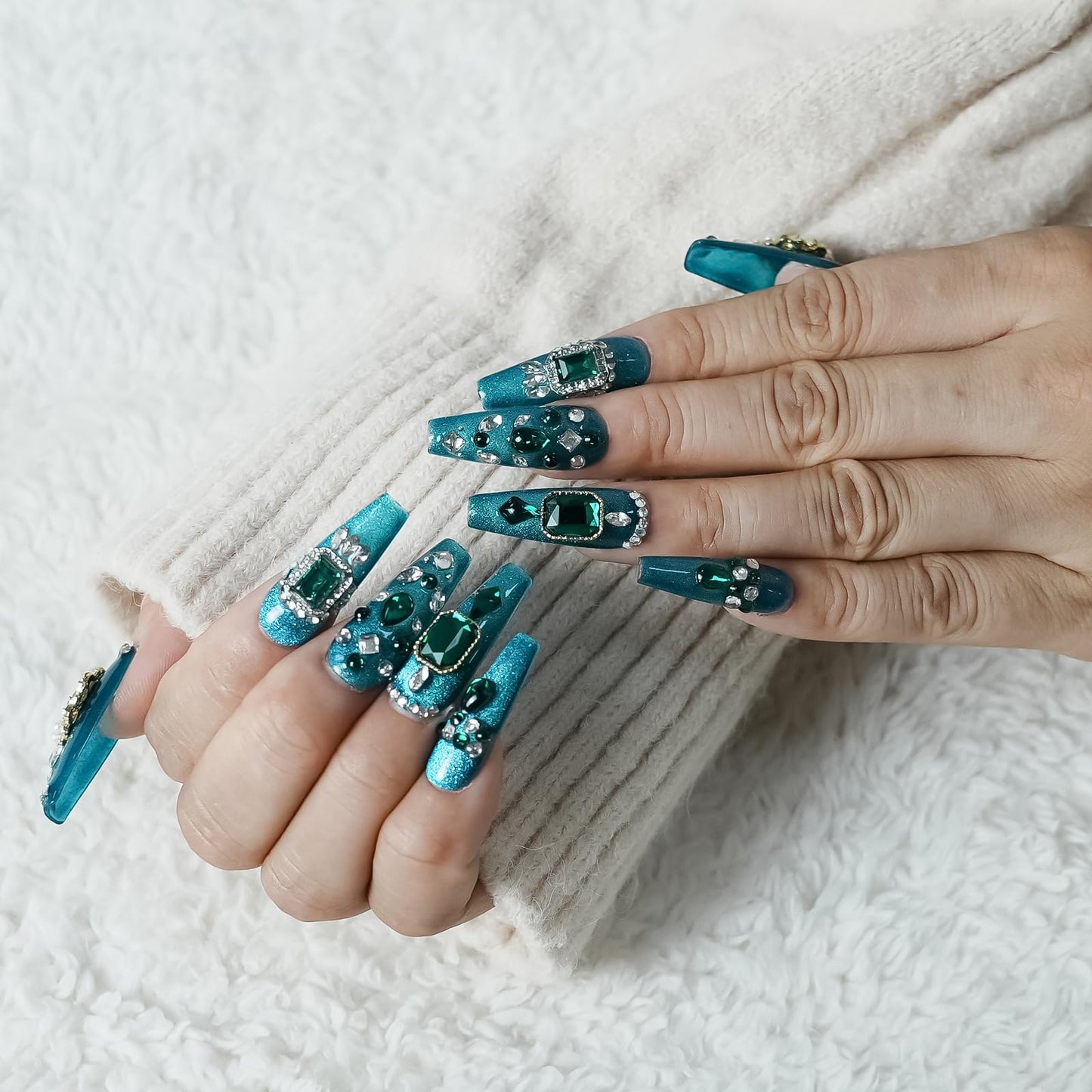 Tesytto Handmade Emerald Green Press on Nails with 3D Luxury Crystals - Long Coffin Fake Nails for Wedding Prom, Reusable Salon Quality Stick on Nails(Emerald Green Sparkle,M)