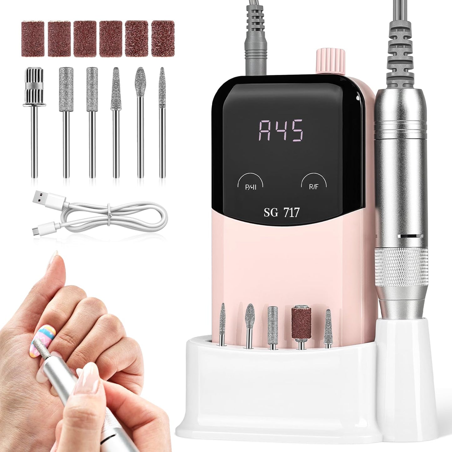 JEWHITENY Rechargeable Cordless Nail Drill for Beginners,Professional Nail Drill 45000RPM,SG717 Electric Nail File for Acrylic Gel Nails,Remove Nail Gel Polish(Pink)