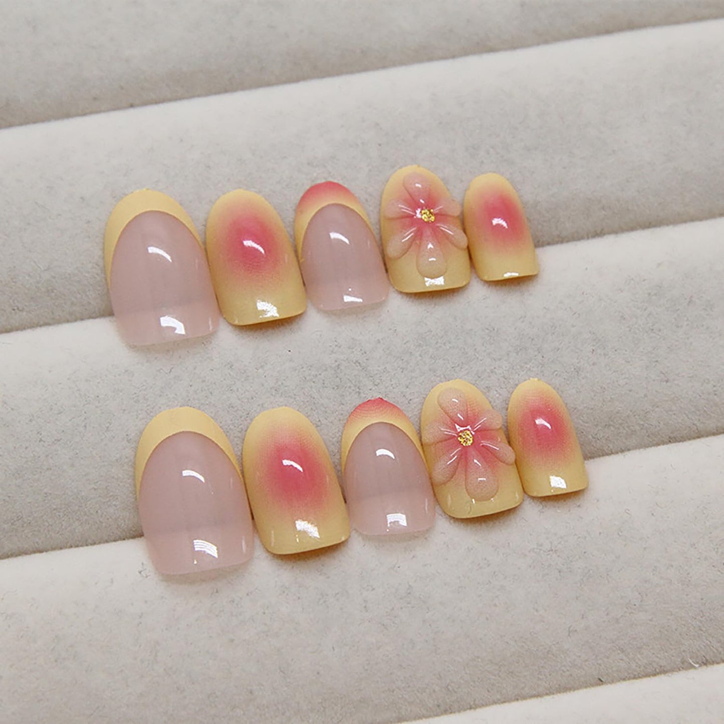 24Pcs Yellow French Tip Press on Nails Short Almond Fake Nails with 3D Flower Glue on Nails Gradient False Nails Summer Acrylic Nail Full Cover Floral Stick on Nail for Women Nail Art Designs