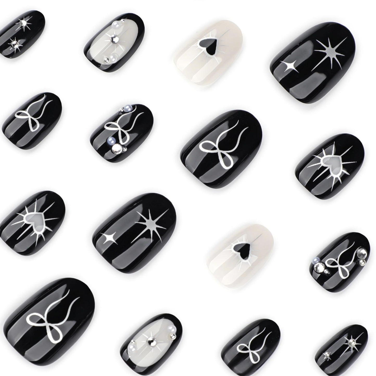 octoswave Press on Nails Short Almond Fake Nails Black Artificial Nail Bow and Pearl Charm Stick on Nail for Women 24pcs