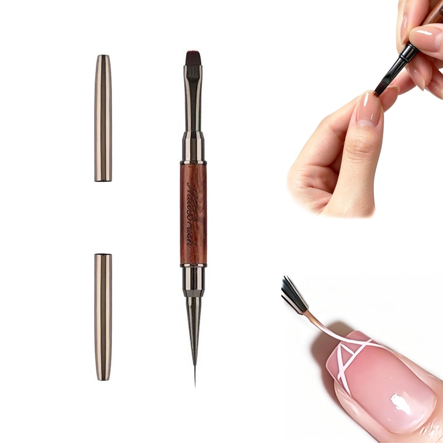 Calyuna Dual Head Acrylic Nail Brush, French Pen and 9mm Liner Pen, Wood Handle with Metal Caps, for Builder Gel, Polygel and Nail Design