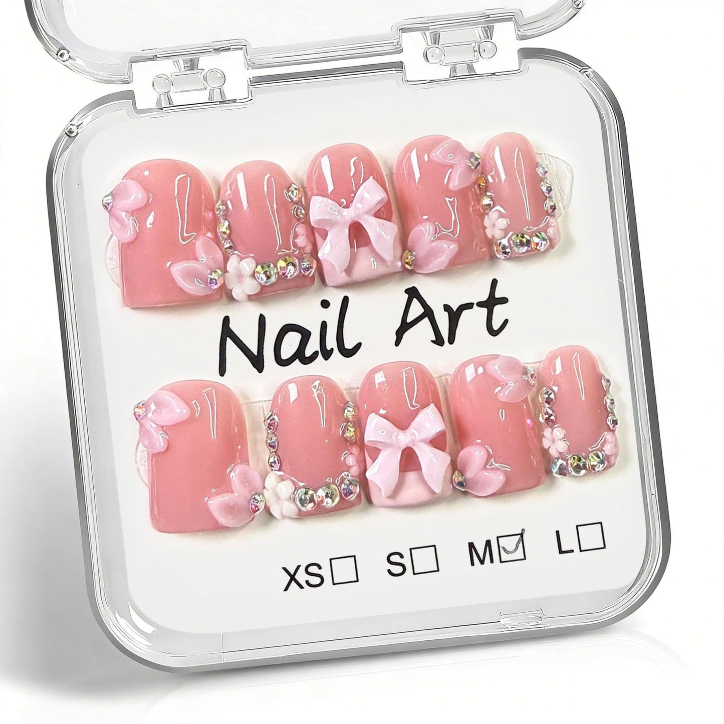 10 Pcs Handmade Press on Nails Short Square Fake Nails with 3D Flower Bow Rhinestones Charms Design White French Tip Acrylic False Nails M Size Press Ons Nails Square Pink for Women