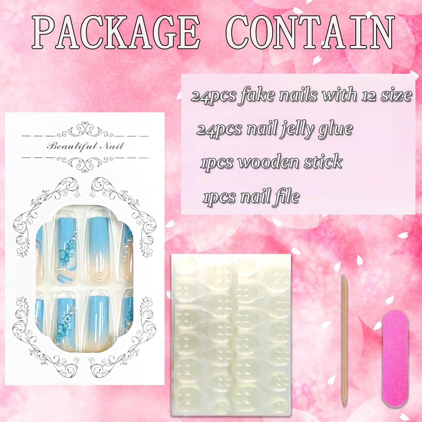 FIEONCIY Press on Nails Coffin Long Blue Glossy Full Cover Acrylic Square French False Nails with Floral Pearl Designs Artificial Ballerina Fake Nails with Charm Glue Stick on Fingernails for Women