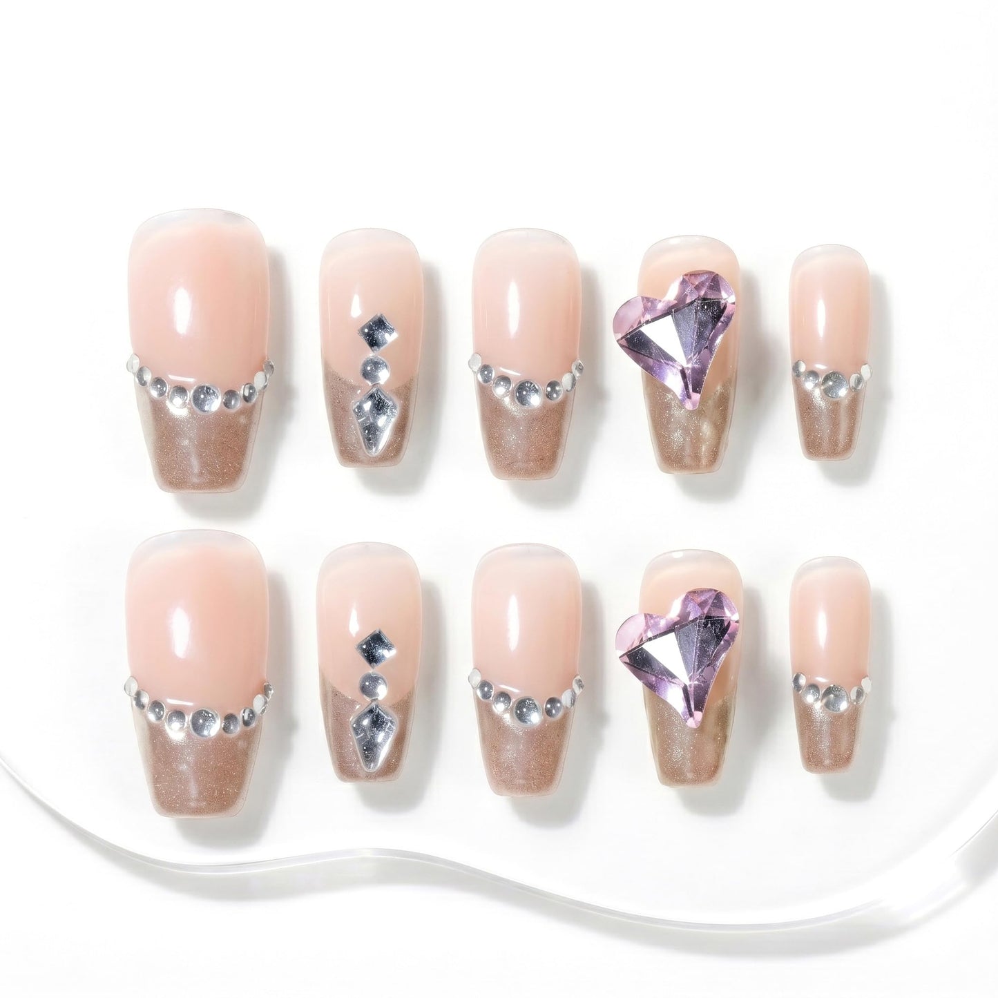 Sun&Beam Nails Handmade Press-on Medium Long Coffin Ballerina Nude Gold French Rhinestone Design False Nail Tips 10 Pcs (#136 M)