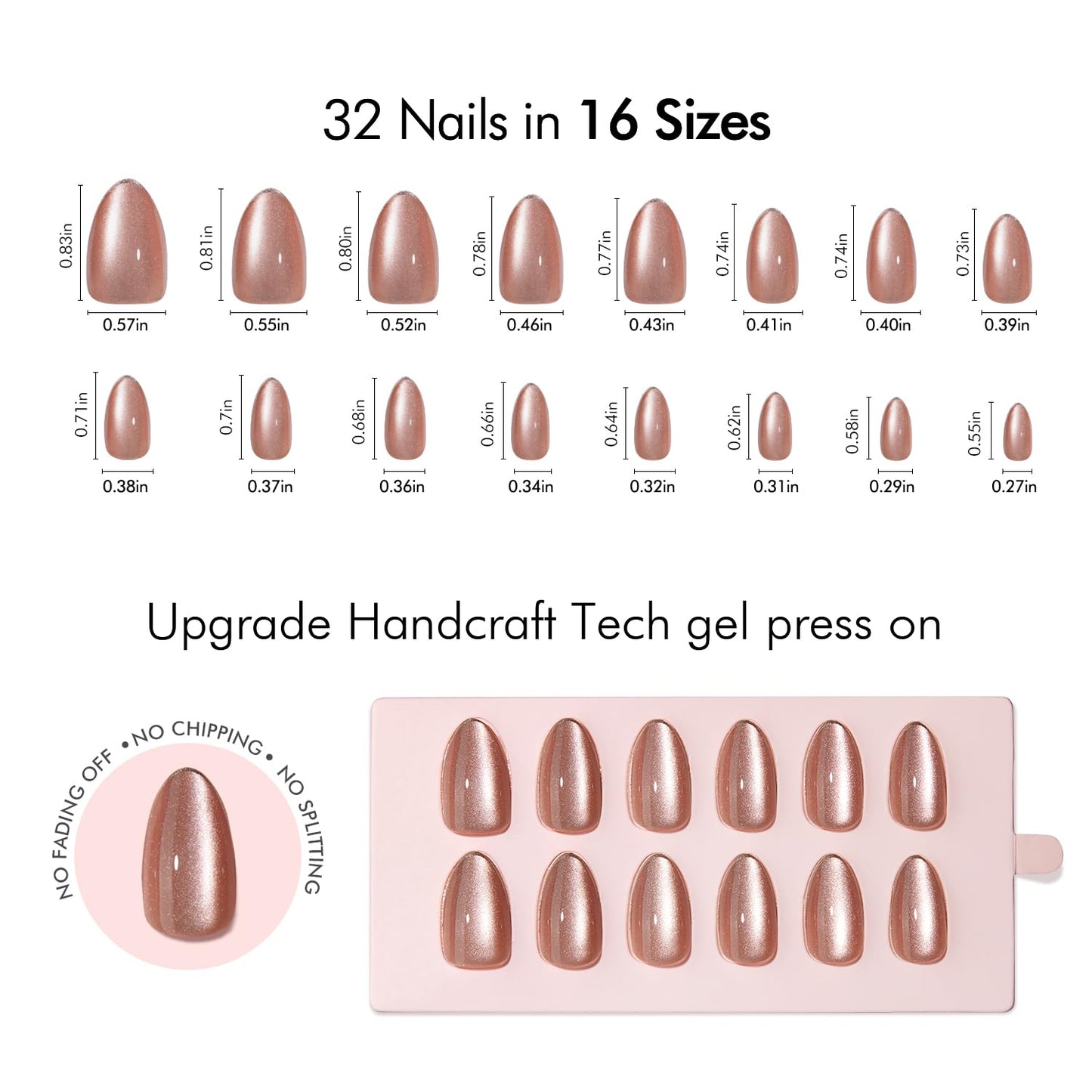 VSALON Press on Nails Short Almond - Pink Cat Eye Glitter Metallic Tip Fake Nails Kit for Woman, Reusable Spring Summer Opaque Gel Glossy Glue on Nails with Glue - 32 PCS Stick on Nails 16 Sizes