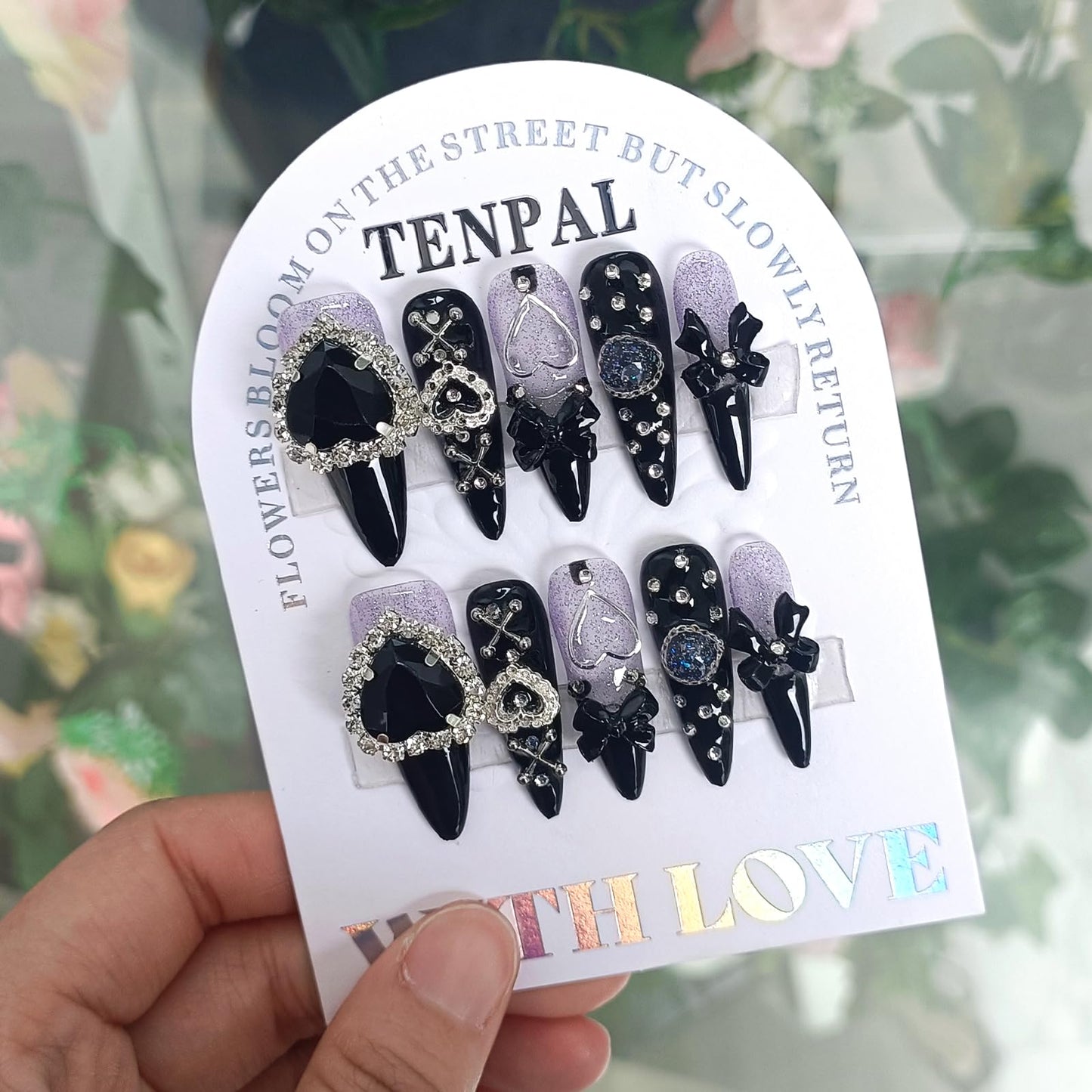 TENPAL Glam Punk Press on Nails Stiletto Almond Long,3D Heart Rhinestones&Metal Chains Designs,Black Glitter Purple Chrome Nails with Full Cover Micro Gems,Y2K Edgy Girly Streetwear Nails,10pcs M