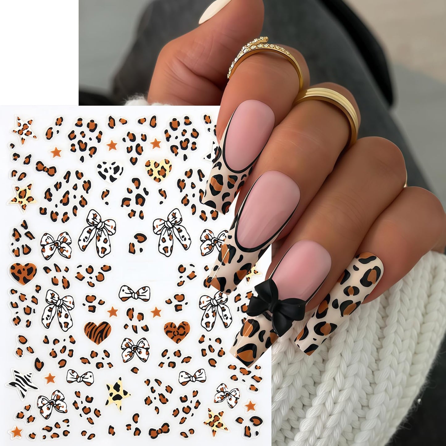 6 Sheets Leopard Print Bow Nail Stickers 3D Self-Adhesive Brown White Bow Tie Nail Decals Cute Bow Star Heart Nail Design Valentines Manicure Accessories Nail Art Stickers for Women Nail Decorations