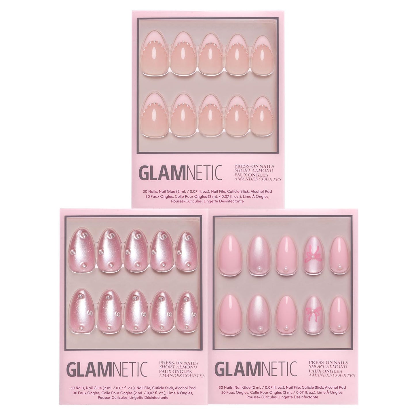 Glamnetic Press-On Nails Bundle - Pink Velvet | 3 Short Almond Fake Nails with Soft Pink Tones, 3D Accents & Velvet Finishes | Durable, Salon-Quality Nail Kits