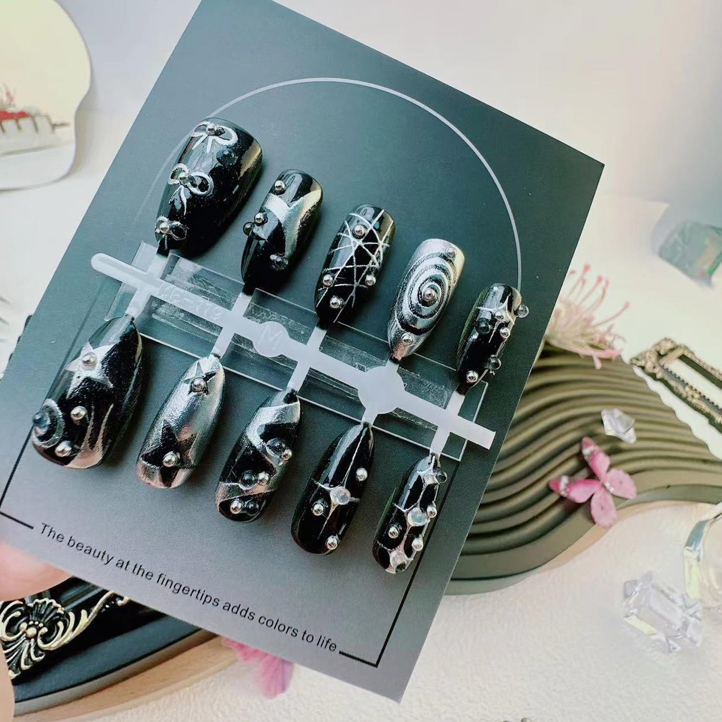 30Pcs Black Press On Nails, Goth Y2K Almond Fake Nails Punk Star Swirl Glue On Nails with 3D Beads Design Silver Stars Irregular French False Nail Gothic Handmade Reusable Cute Stick on Nail for Women
