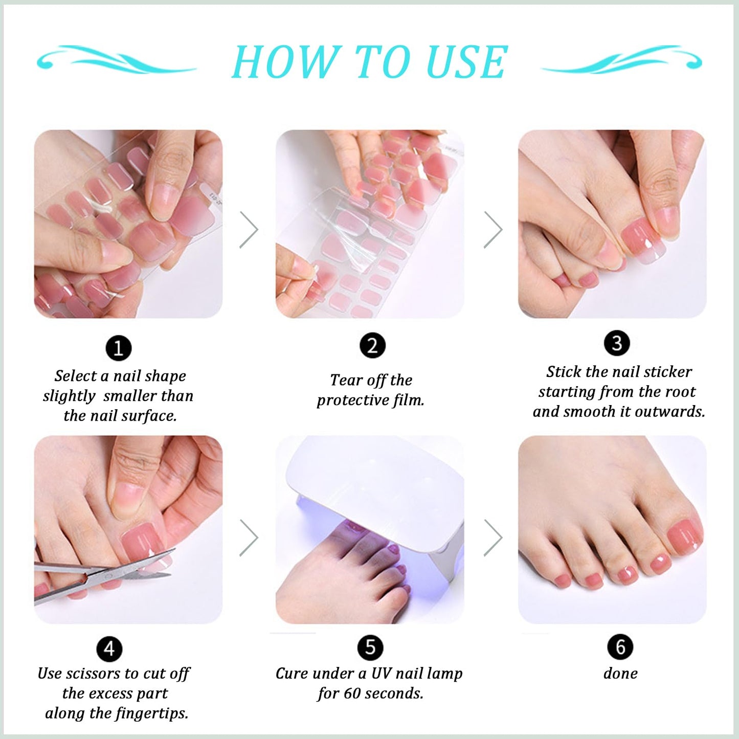 XEAOHESY 26pcs Semi Cured Gel Toe Nail Strips, Pedicure Nail Strips, Toe Nail Stickers, Needs to Be Cured, Come With Nail File, Wood Cuticle Stick, Plastic Press Stick（Cyan+Moon Star）