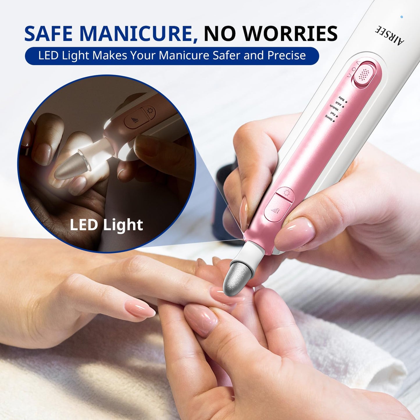 AIRSEE Professional Manicure Pedicure Kit,Cordless 6 in 1 Electric Nail File for feet,5 Speed Rechargeable Pedicure Tools for Thick Nail Toenail Cuticle, Hand Feet Trimmer Buffer for Women Men,Pink