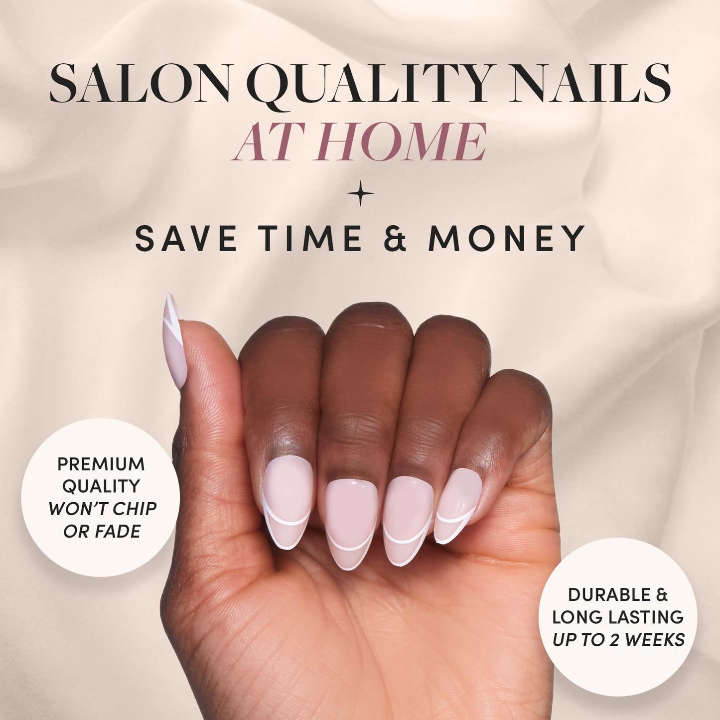 Glamnetic Press-On Nails & Adhesive Nail Tabs - Heavenly | Nude Trendy French Tip Short Almond Fake Nails | 15 Sizes - 30 Nail Kit with Adhesive Tabs