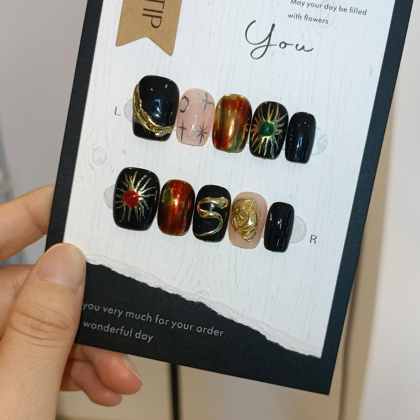 TENPAL Handmade Press on Nails Short Square,Glossy Black Nails with Hand-Painted Space Art (Sun/Moon/Crater) & 3D Serpent, Acrylic Soft Gel Winter Gothic Fake Nails For Women Girls,10pcs(XS)