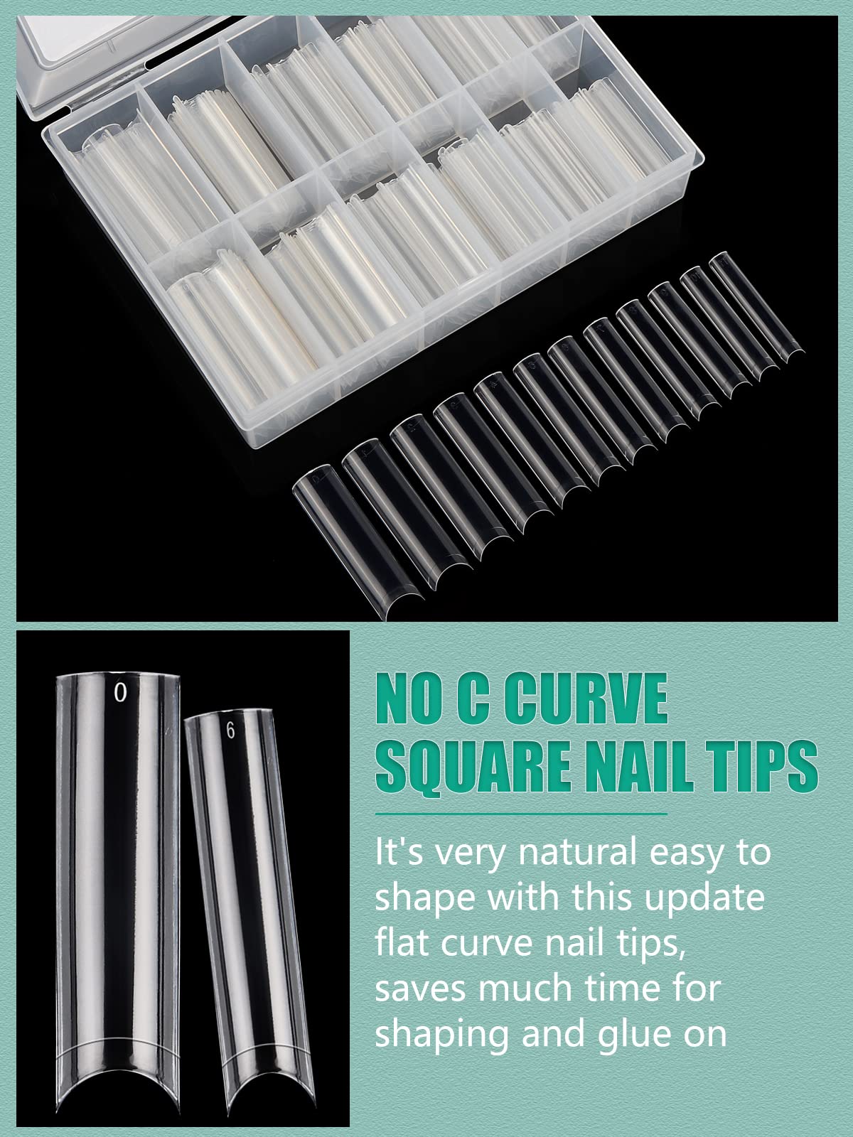 480PCS Extra Long NO C Curve Nail Tips XL, 2 Packs Natural and Clear Nail Tips for Acrylic Nails Professional Set, 12 Sizes Straight Tapered Square Press on False Nail Tips for Nail Art Salon Home DIY