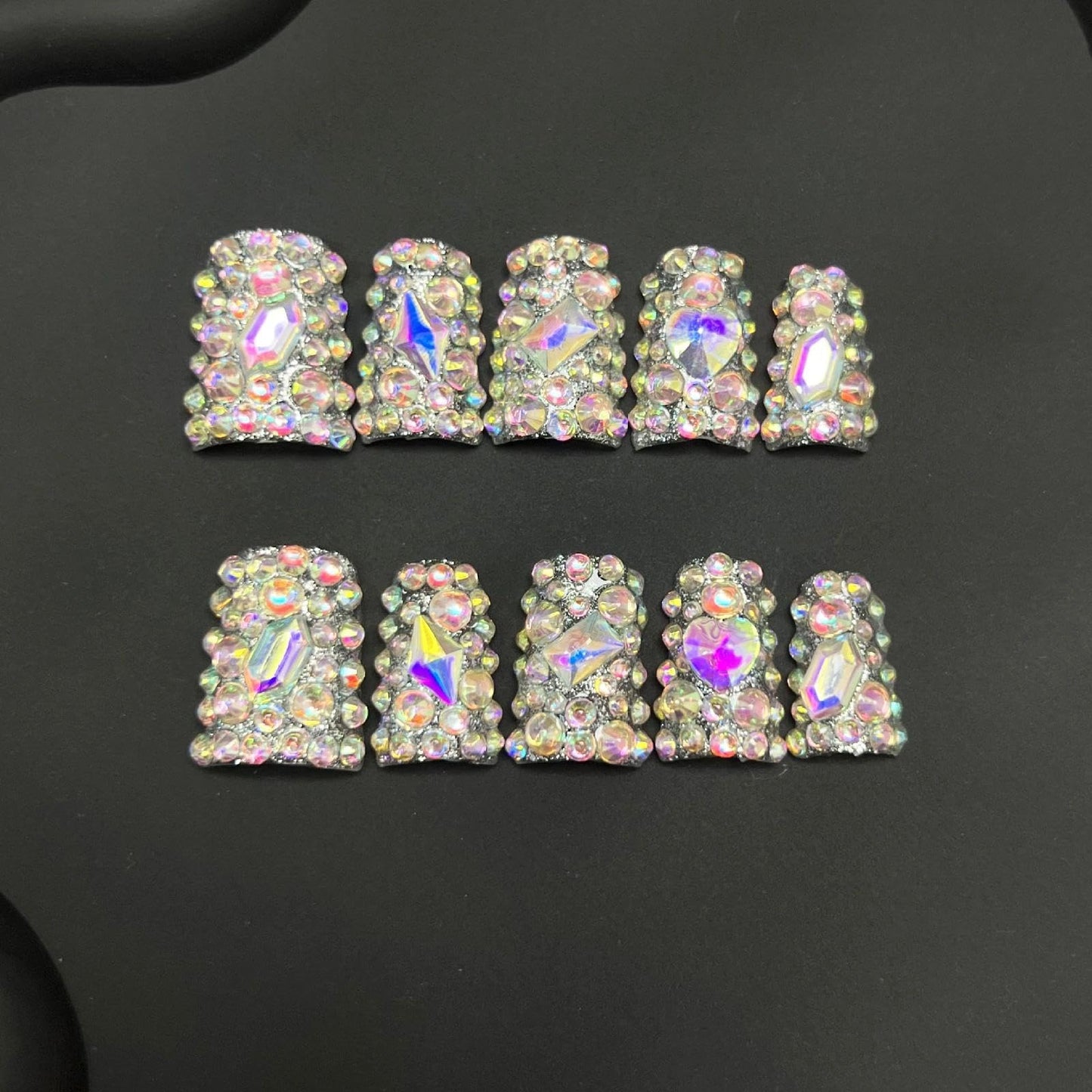 Handmade 3D Iridescent Full Rhinestone Square Press On Nails, Luxury Rhinestone Stage Style Artisan Nails Set, Reusable Glossy Press-ons with Tool Kit(S)
