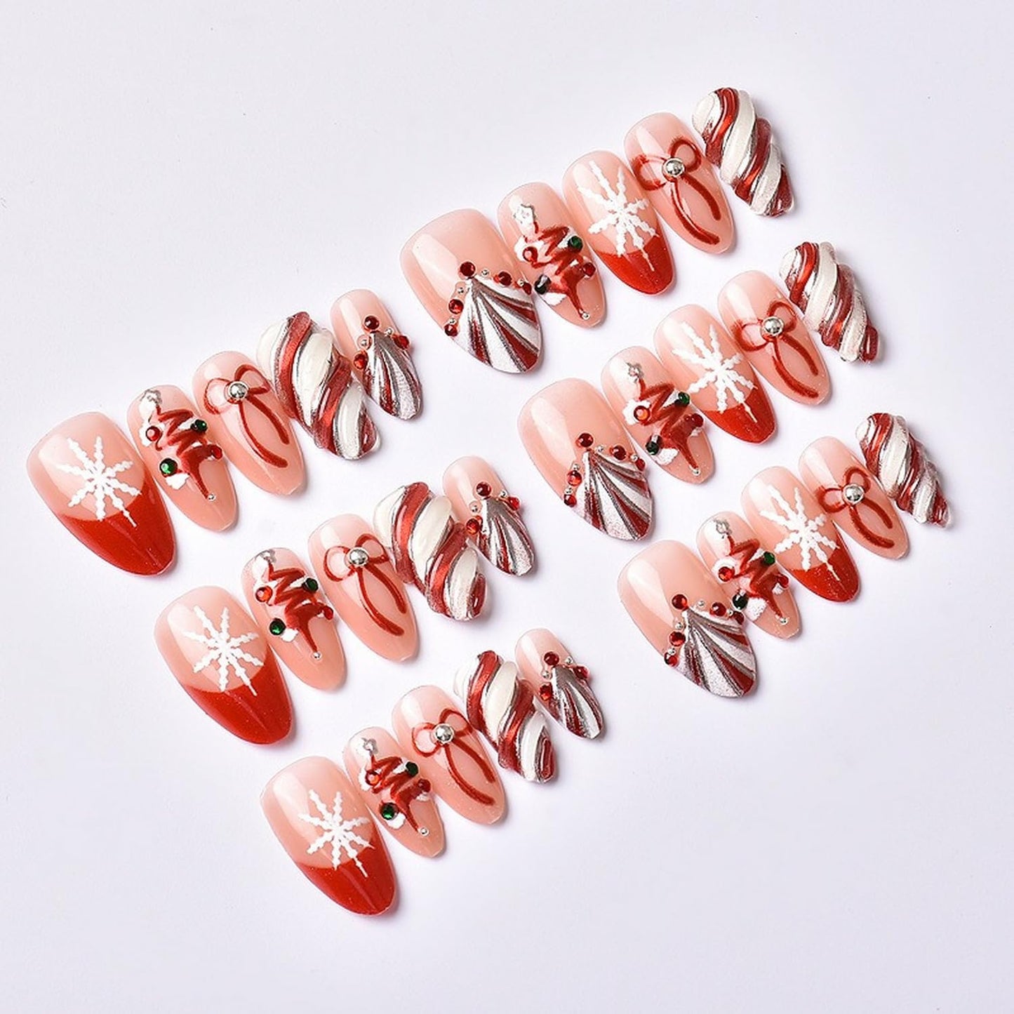 24 Pcs Christmas Press on Nails Medium Almond Fake Nails with French Snowflake and Bow Design Red White False Nails Christmas Tree Manicure Acrylic Nail Full Cover Artificial Nail for Women