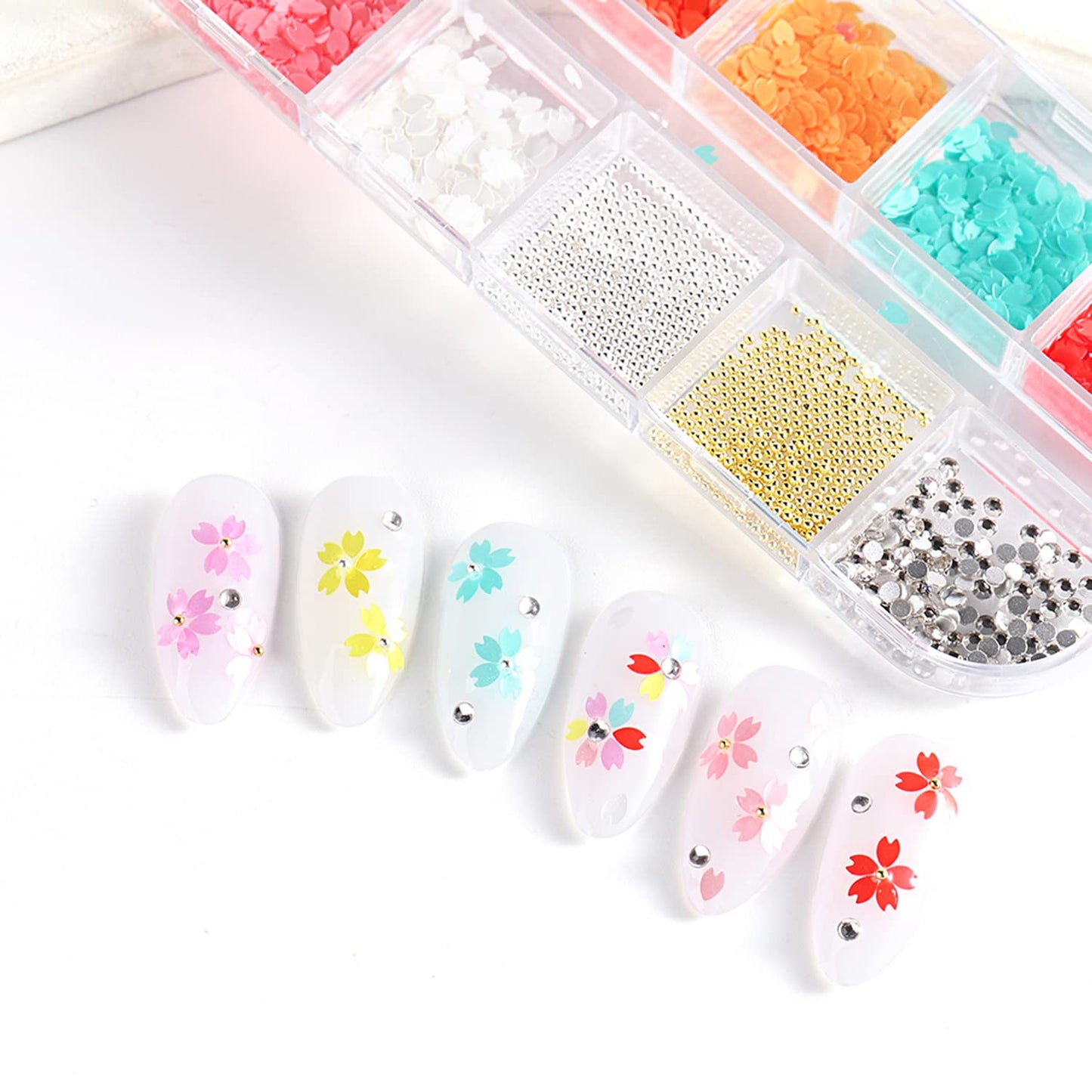 Cherry Petals Glitter, Mixed Flower Beads Rhinestone Decoration Floral Acrylic Nails Designs for Women and Girls Manicure