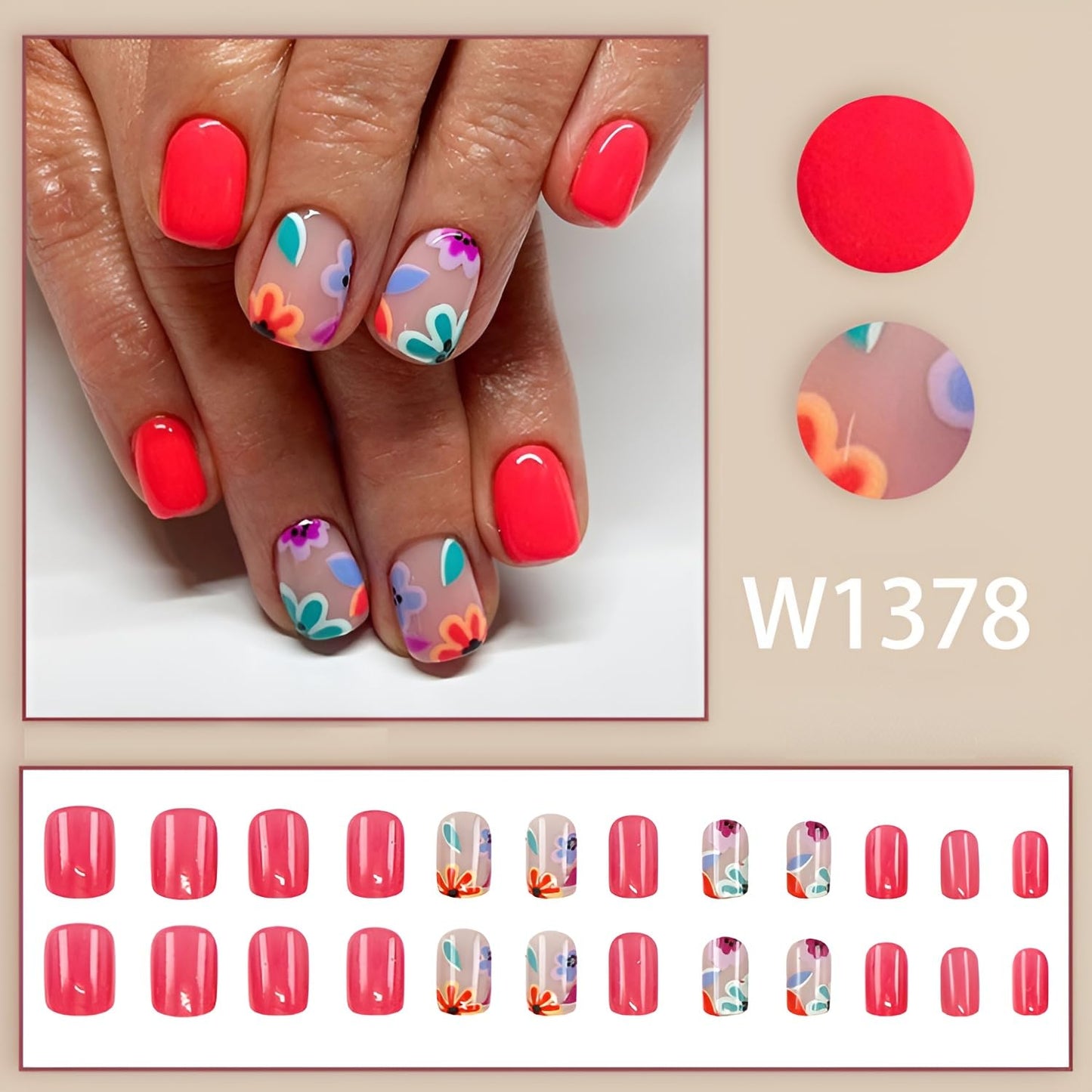6 Packs（144Pcs）Flower Press on Nails Short Square Fake Nails with Floral Design Summer Spring Nails Press ons Colorful Acrylic Nails Glossy Glue on Nails Full Cover Stick on Nails for Women Girls