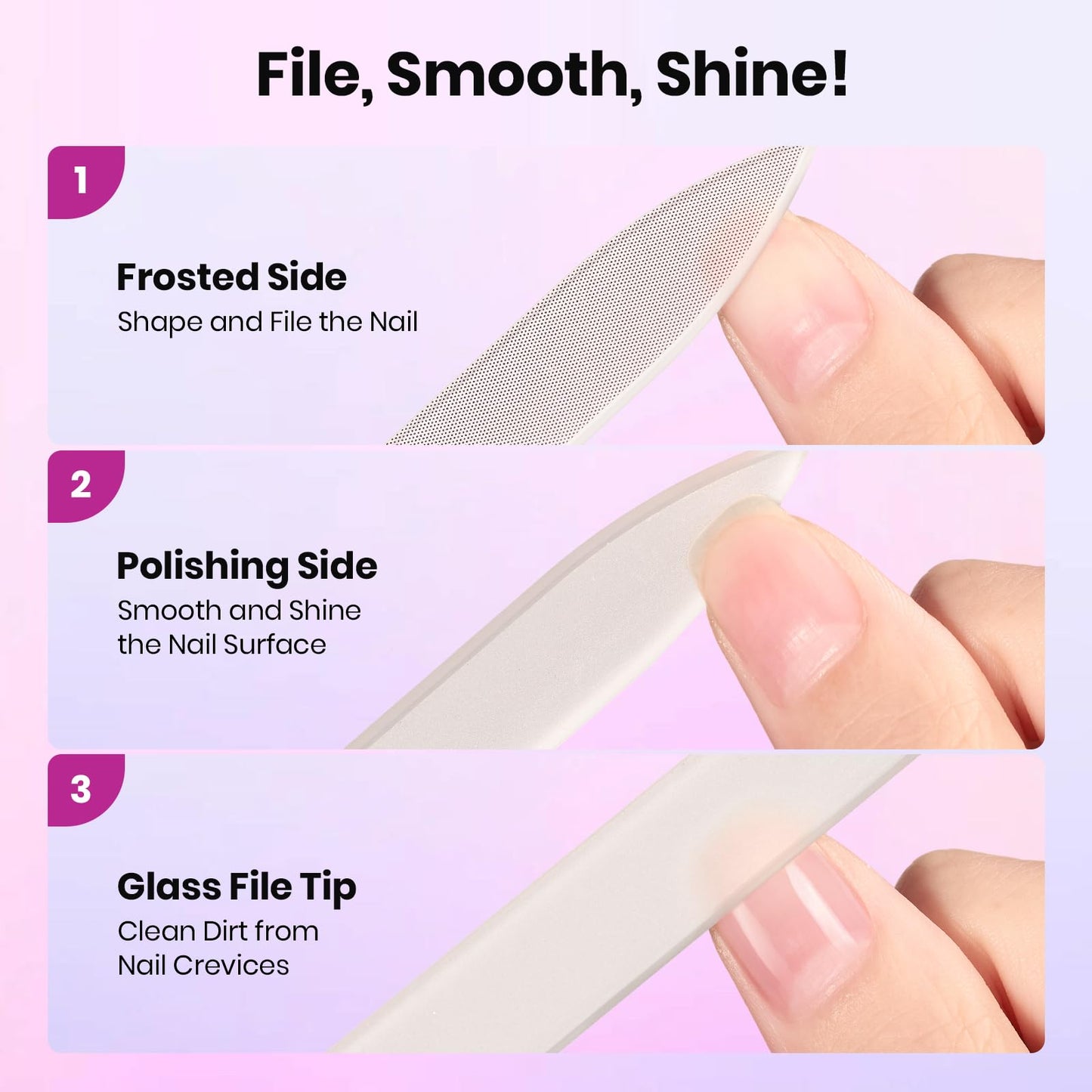 Beetles Glass Nail File for Natural Nails 3 Pack – Double-Sided Crystal Nail Files with Case Etched Gentle Nails Care for Shaping & Polishing Manicure, Washable Reusable Glass Fingernail Files