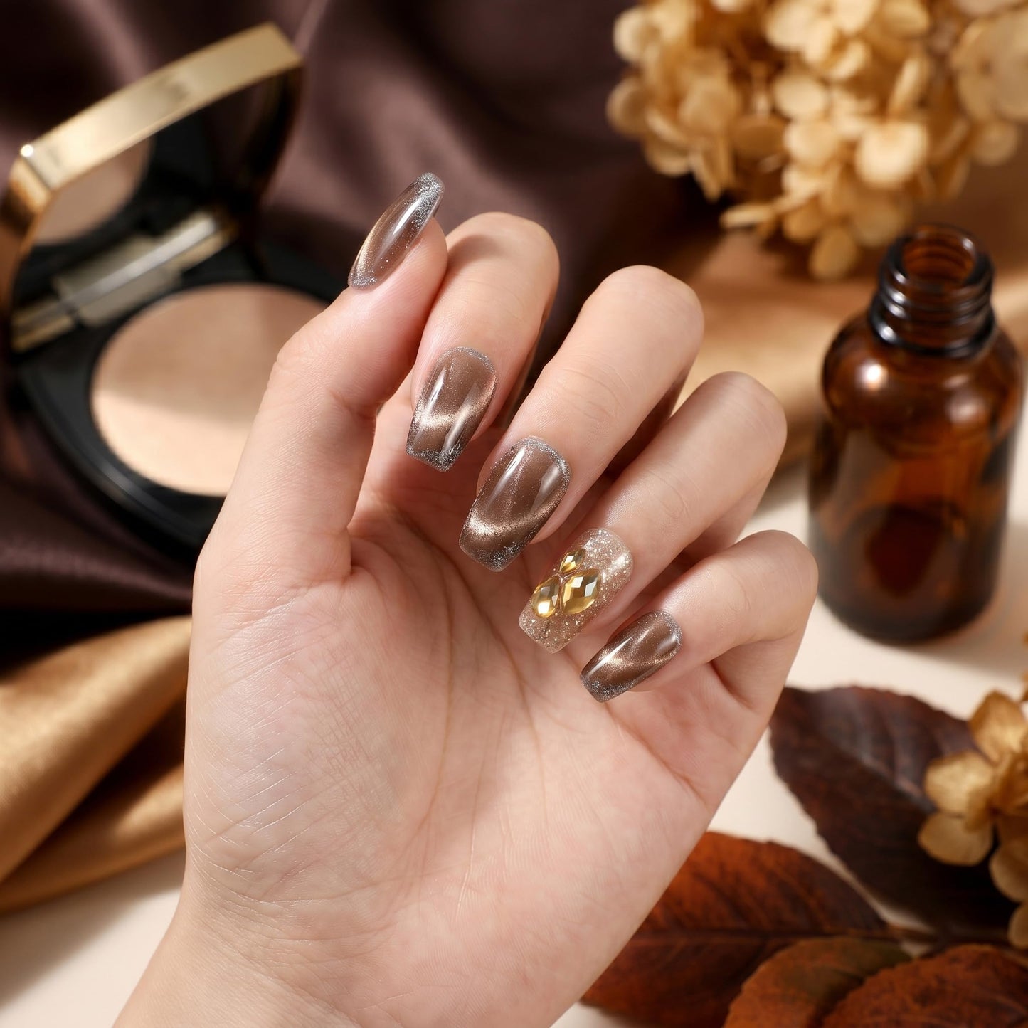 Sun&Beam Nails Handmade Short Medium Coffin Ballerina Brown False Nail Tips with Cute 3D Diamond Popular Charm Design Press On Nails 10 Pcs (#73 M)
