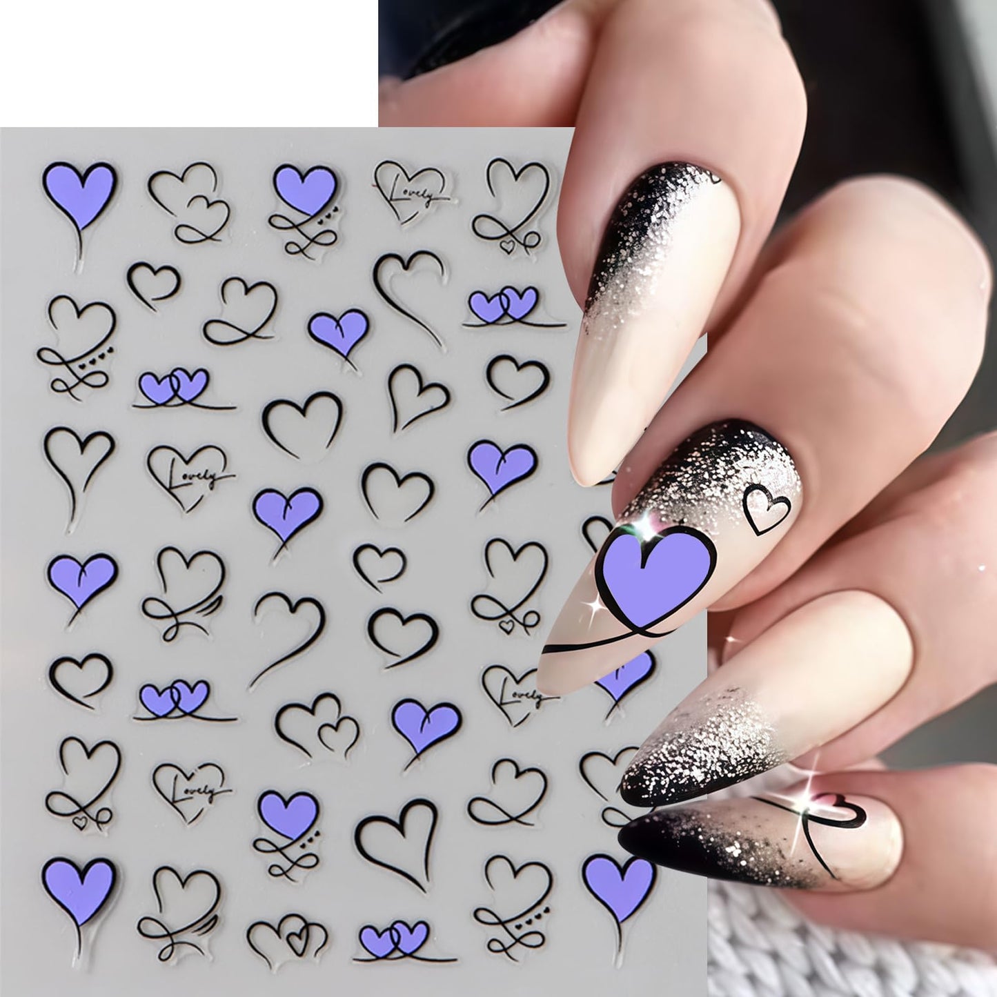 6 Pcs Heart Nail Art Stickers Valentines Day Nail Decals 3D Self Adhesive Hearts Nail Sticker Pink Purple Red Gold Heart Love Design Hollow Heart Nails Supplies Holiday Nail Accessories for Women