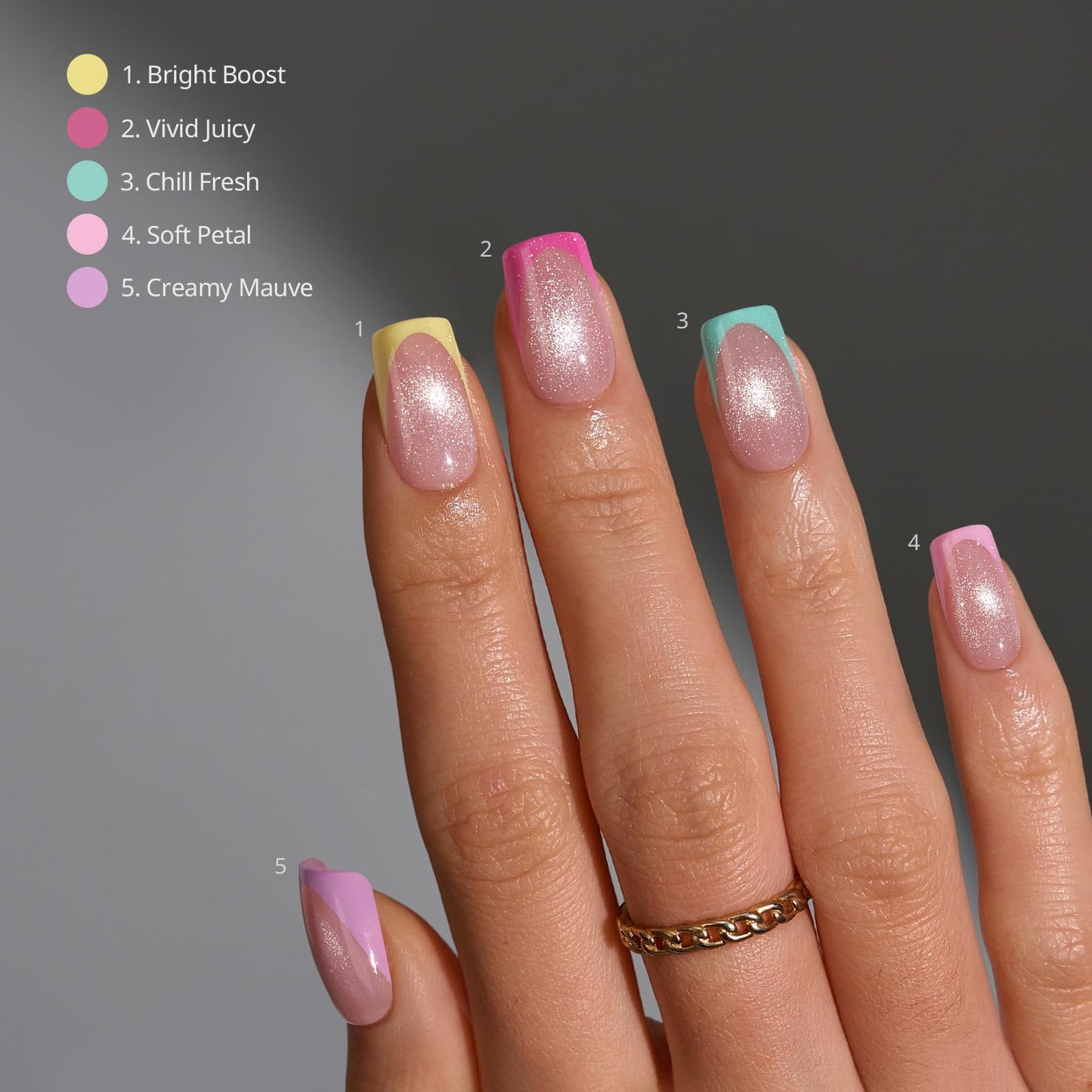 BTArtboxnails XCOATTIPS 5 Brighter Pastel French Tip Press on Nails - Short Square, Cat Eye Base, 4-Week Wear, Easy-to-Apply, Soak Off, Salon Quality Value at Home, 16 Size - 160 Fake Nails
