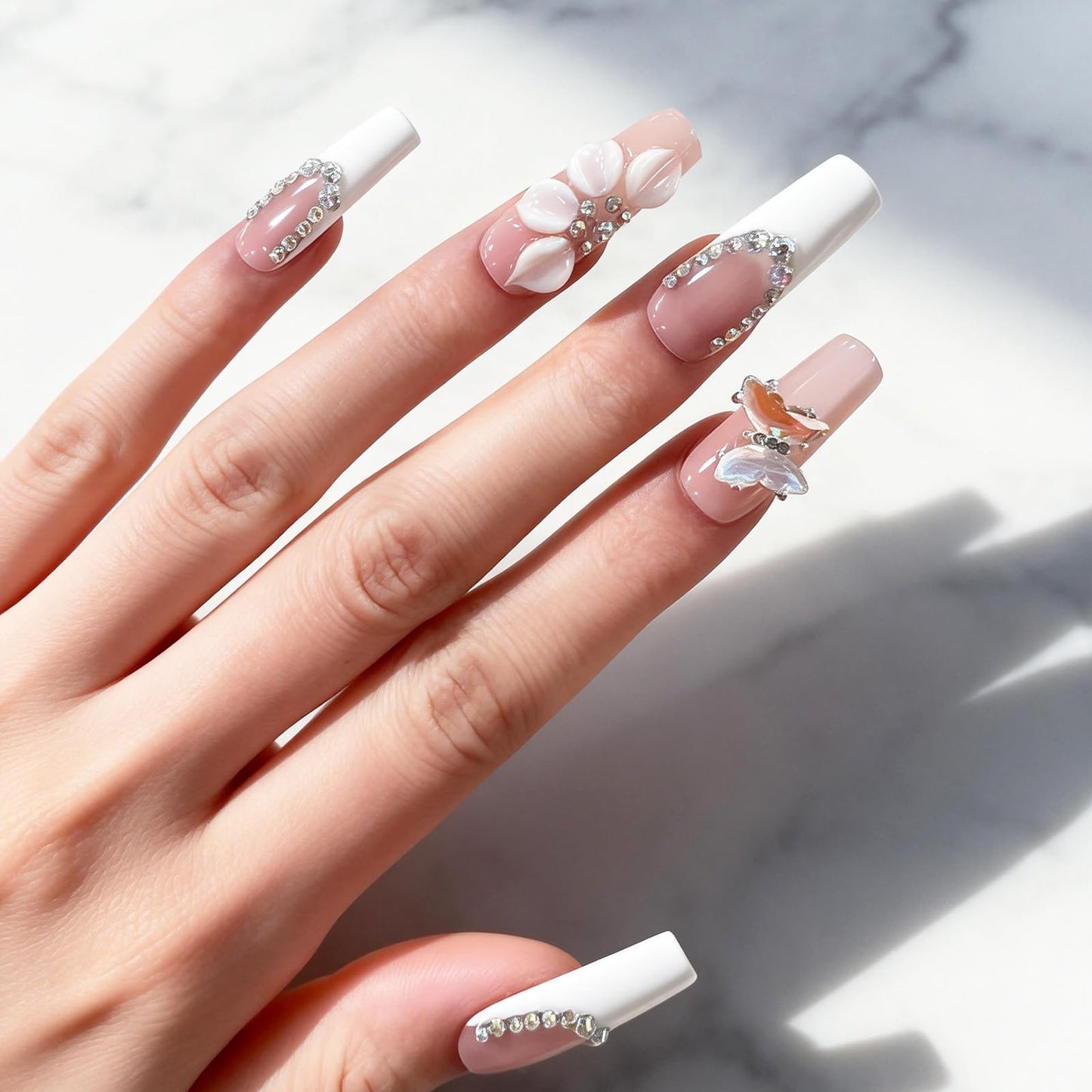Luxury Handmade Press on Nails - Long Square White French Tips Press on Nail with Almond 3D Rhinestones, Flowers & Butterflies, Acrylic Multi-Layer Gel False Nails for Women (10Pcs Size M)