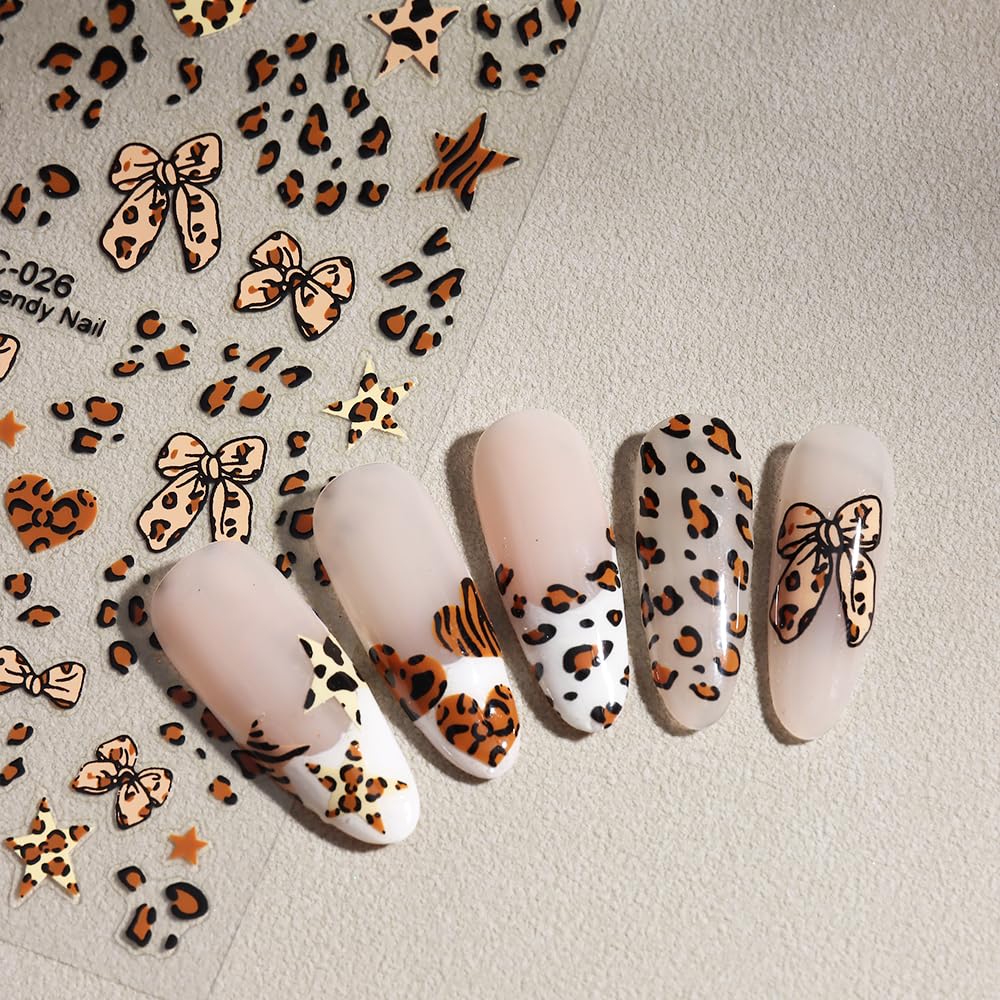6 Sheets Leopard Print Bow Nail Stickers 3D Self-Adhesive Brown White Bow Tie Nail Decals Cute Bow Star Heart Nail Design Valentines Manicure Accessories Nail Art Stickers for Women Nail Decorations