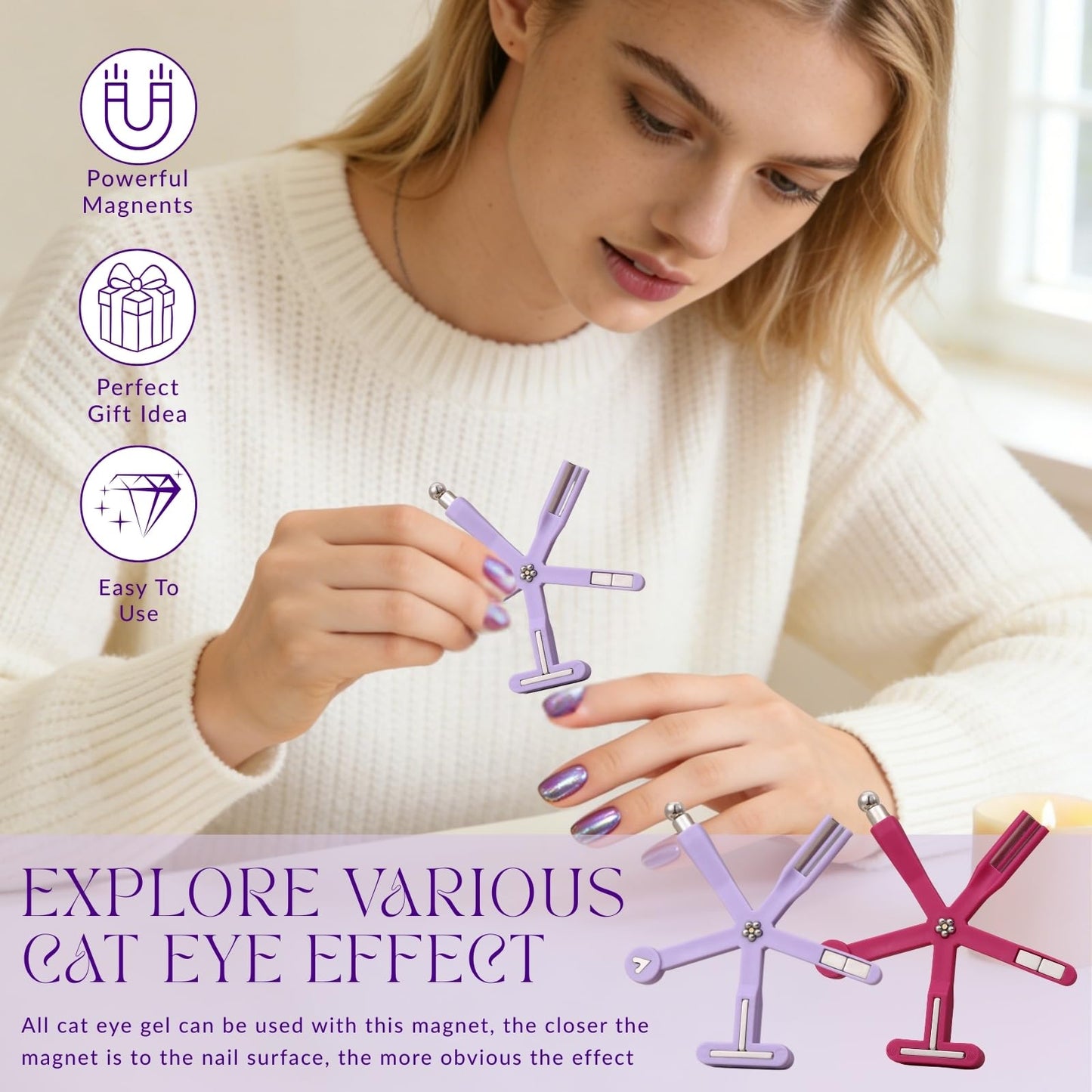 Nail Polish Magnet, 6-in-1 Cat Eye Magnet Kit for Nails, 3-in-1 Nail Polish Magnet Nail Art Tools with 5 Magic Design Plates, For Home DIY & Salon Use, Create Salon Looks Easily (Purple)