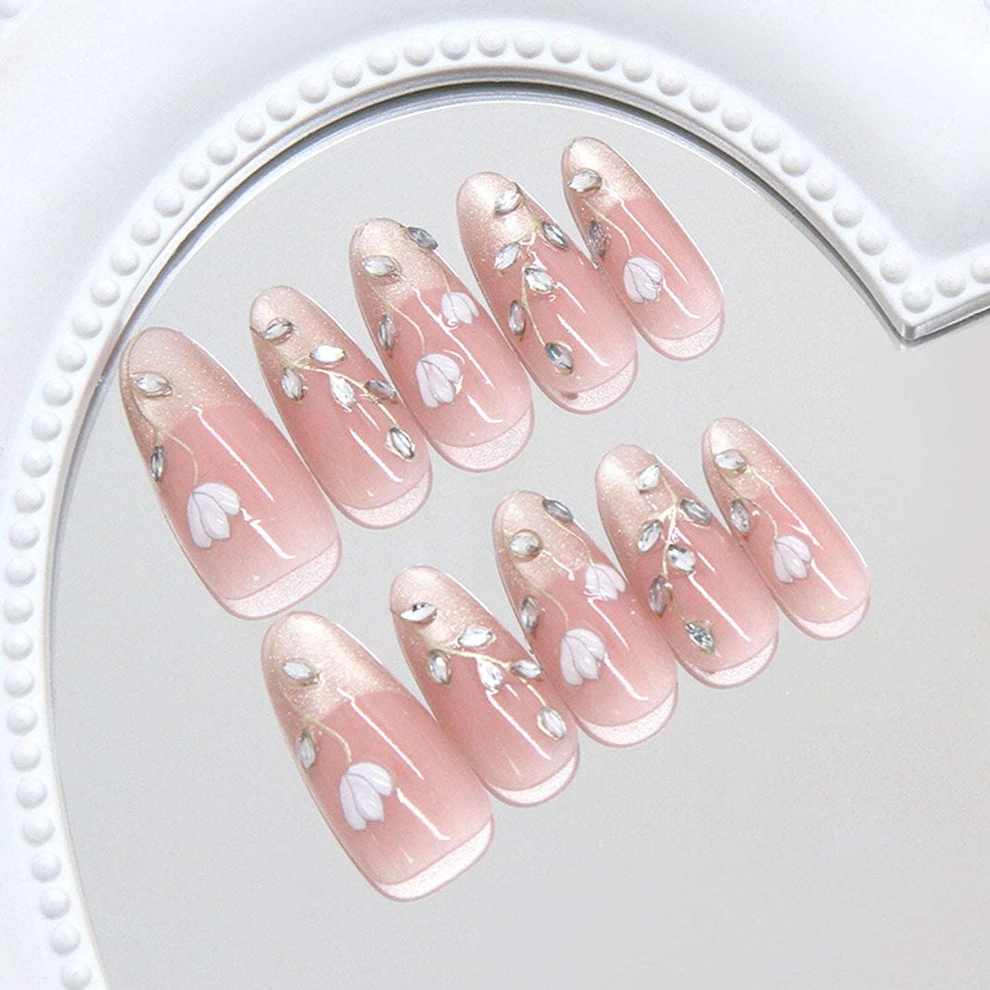 30Pcs Flower Press on Nails Medium Almond Fake Nails with 3D Rhinestone Design Gold Glitter French Tip False Nails Pink Glossy Full Cover Cute Floral Reusable Spring Summer Gel Acrylic Nails for Women