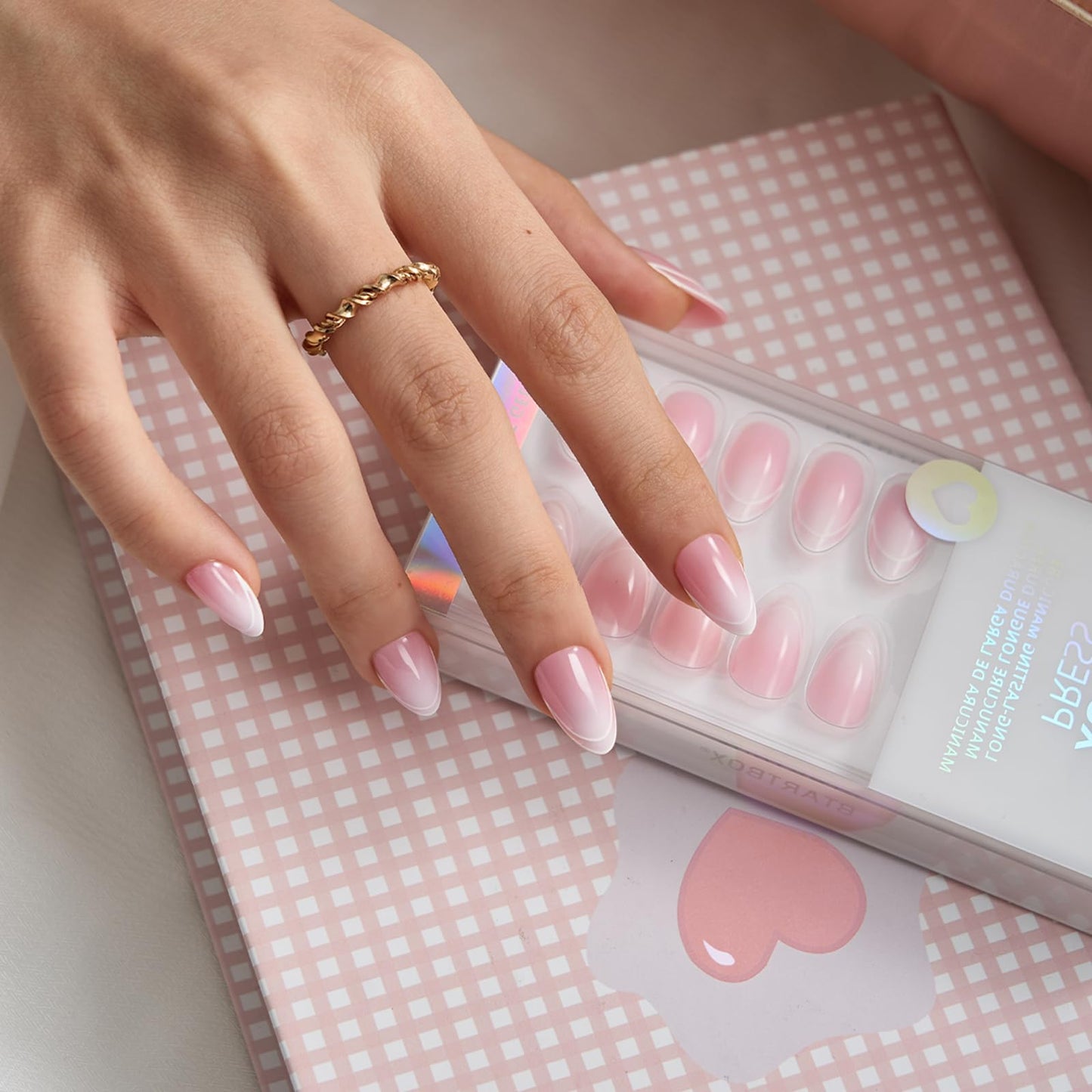 BTArtbox French Tip Press On Nails - Gentle Care, Lamp-Curable 4-Week Wear Pink Ombre Short Almond Press On Nails with Glue and Adhesive Tabs, Easy-to-Apply in 16 Sizes - 32 Nails All-in-One Kit