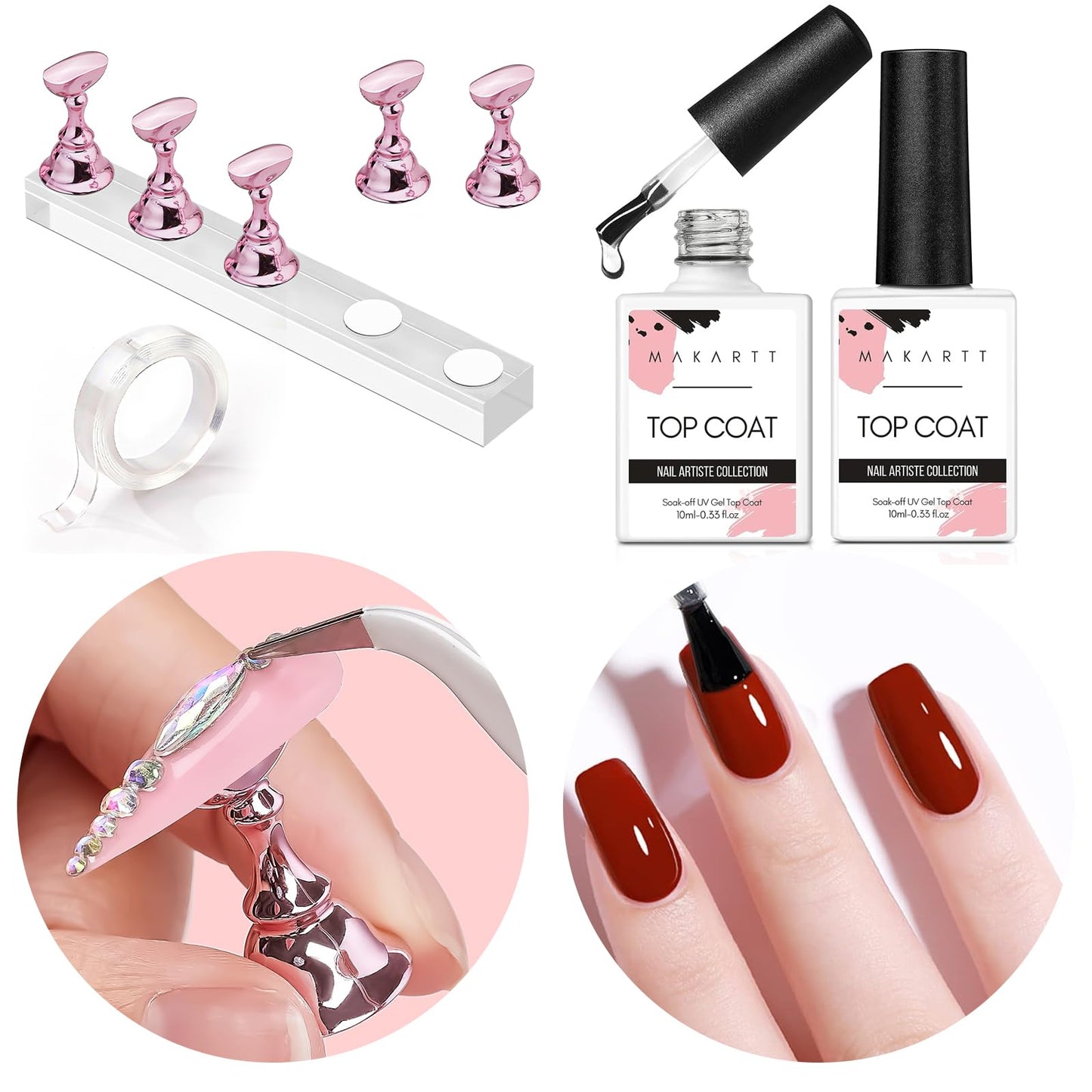 Makartt Gel Top Coat, No Wipe Top Coat Glossy Shine Finish Long Lasting Bundle With Nail Stand for Press On Nails Display Practice Art Magnetic Fake Nail Holder