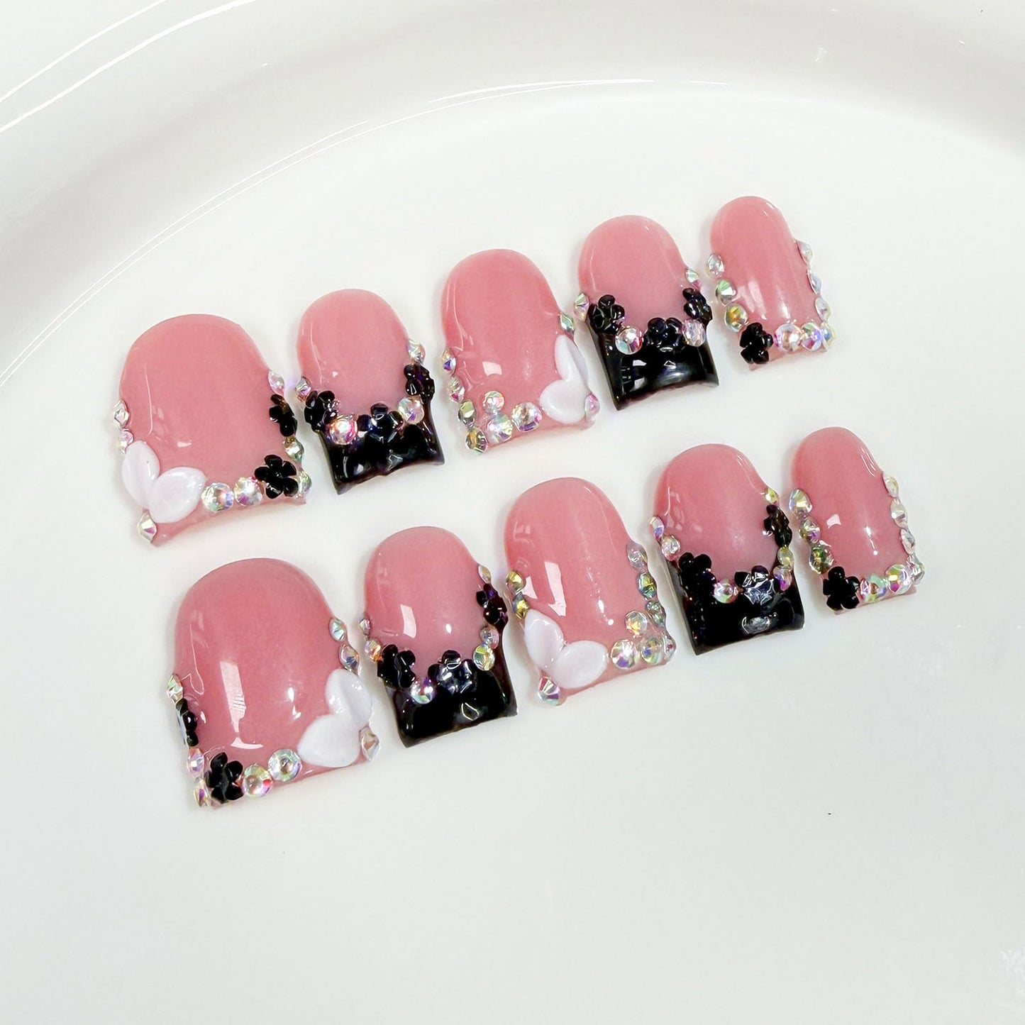 10 Pcs Handmade Press on Nails Short Square Fake Nails with 3D Flower Rhinestones Charms Design Black French Tip Pink False Nails Acrylic M Size Press Ons Nails Square for Women