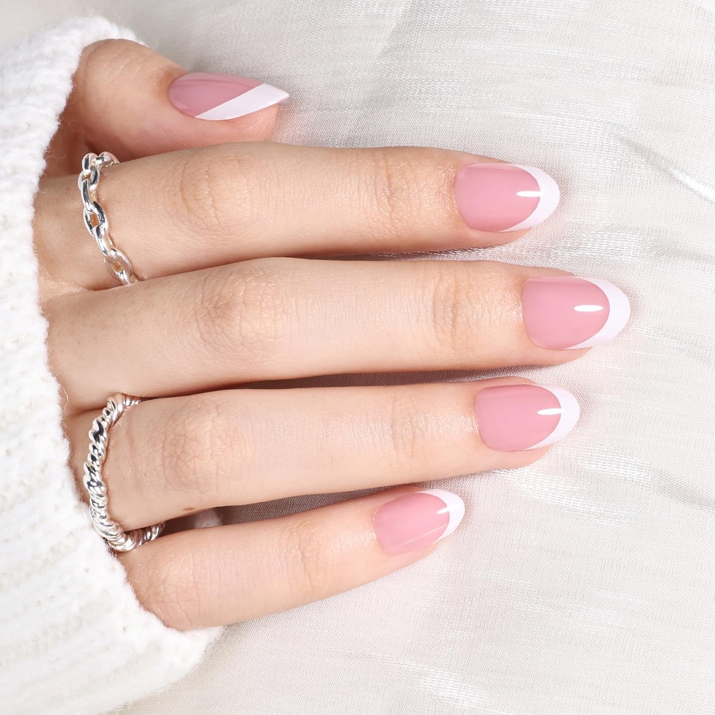 Leefrei French Tip Press On Nails - Short Oval White Tips Press on Nails Glossy Nails Press Ons for Women DIY Fake Nails Kit with Glue, Reusable Glue on Nails Short in 16 Sizes - 32pcs, Blush French