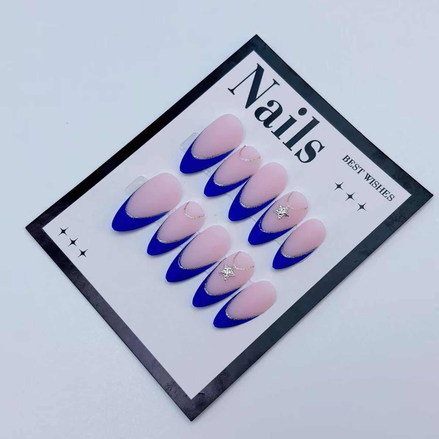 Navy Blue Press on Nails Medium Almond Fake Nails with Gold Glitter Star Accents Design False Nails Matte Reusable Acrylic Glue on Nails Full Cover Press ons for Women Manicure Supply,24Pcs